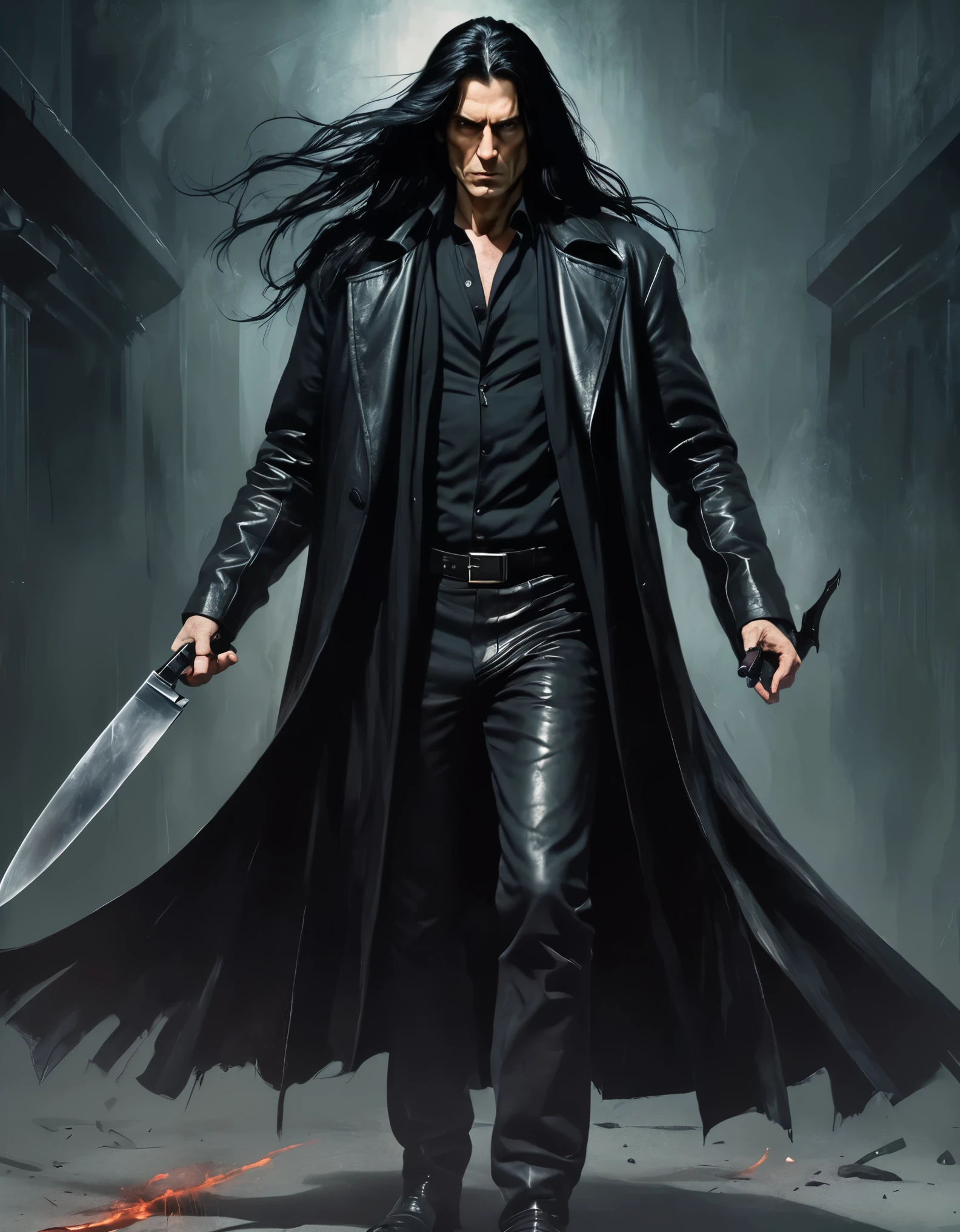 Hantred Tall, intimidating piscopathic man, with long black hair, dark energy, wearing a black leather overcoat, armed with a knife