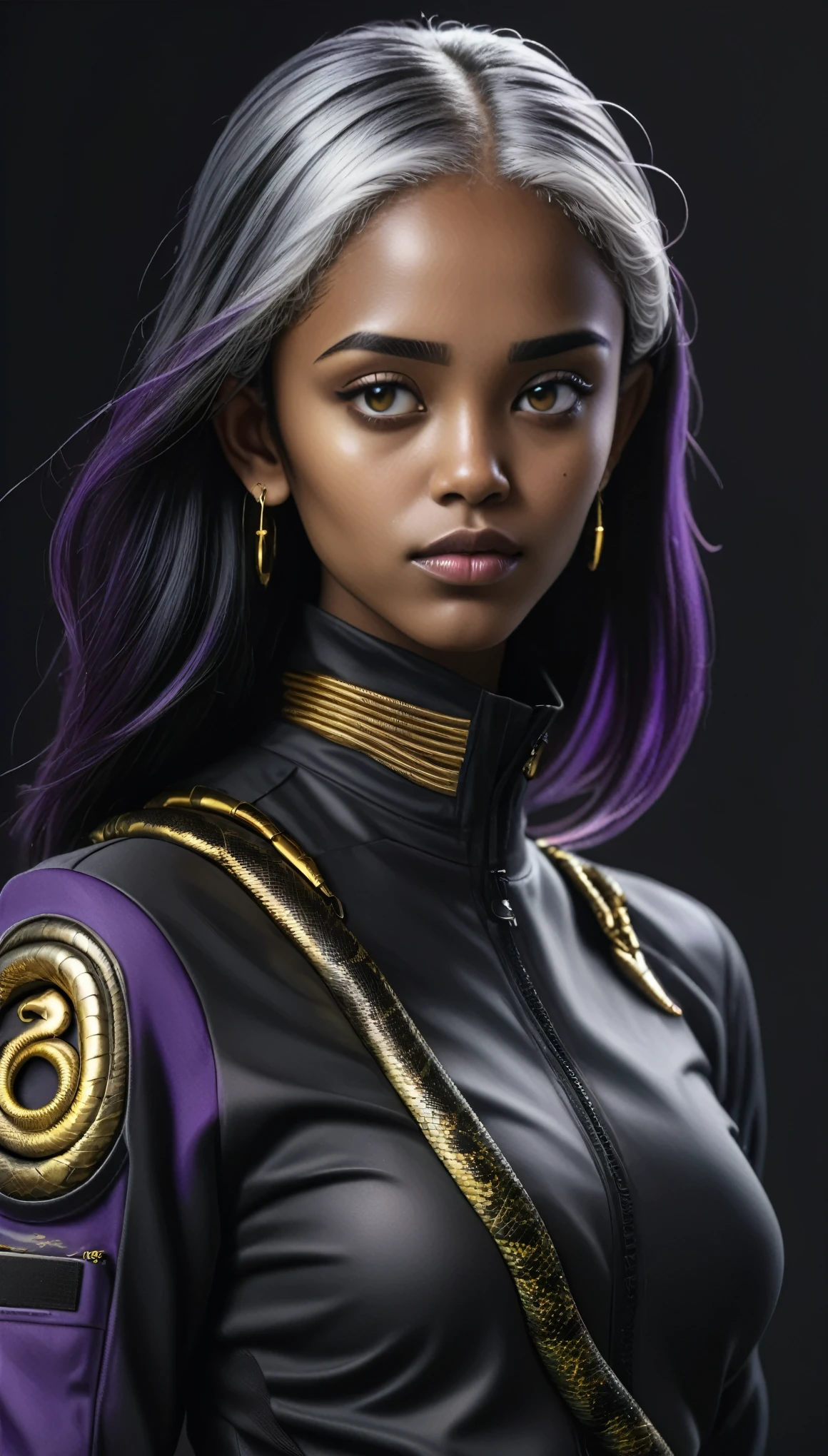 Girl with a strand of straight gray hair., dark skin, Latin origin, purple irises, in a black tactical suit with gold threads and gold earrings in the shape of snakes.. detailed eyes, detailed face, sophisticated outfits in grunge style, cinematic lighting, realistic concept art with strong backlighting.