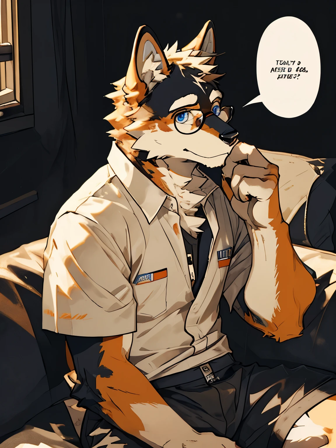 (best quality,highres,masterpiece:1.2), ultra-detailed, realistic:1.37, Mandarin rural dog furry, yellow fur, white fur, wearing glasses, blue eyes, white short-sleeved shirt, black shorts, sitting on a sofa, profile view, shy expression, heart shape in speech bubble, eyes looking towards the camera, nervous