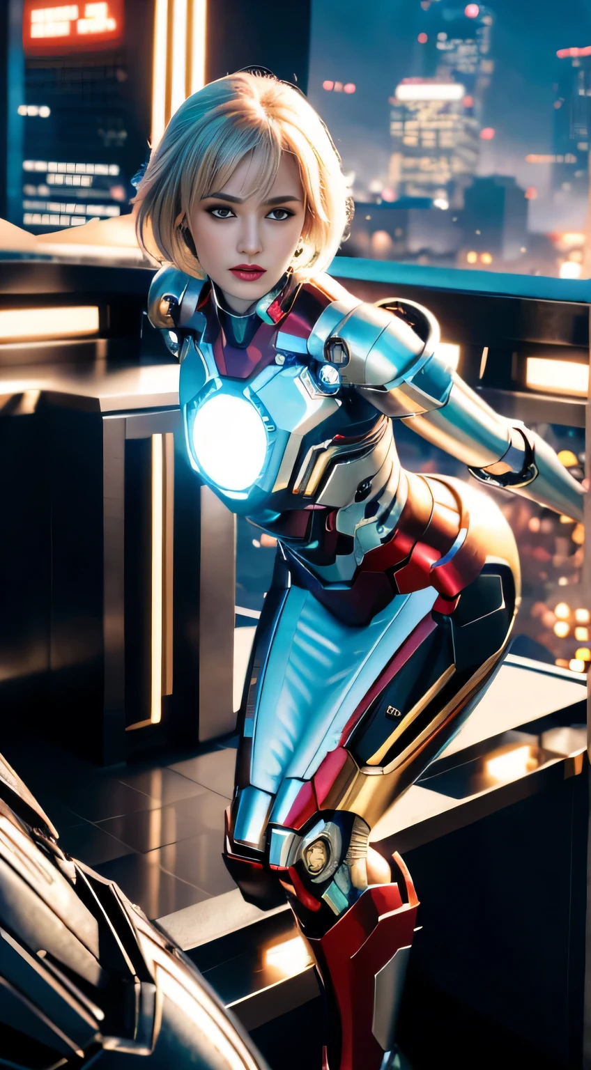 RAW, masterpiece, ultra thin photo, best quality, ultra high resolution, photorealistic, sunlight, full body portrait, incredibly beautiful, dynamic poses, delicate face, vibrant eyes, (side view), she is using a futuristic Iron Man engine, red and gold color scheme, night town background, highly detailed, detailed face, detailed and complex busy background, messy,  Gorgeous, milky white, highly detailed skin, realistic skin details, visible pores, sharp focus, volumetric mist, 8K UHD, DSLR camera, high quality, film grain, light skin, photorealism, lomography, expanding metropolis in futuristic dystopia, view from below, translucent