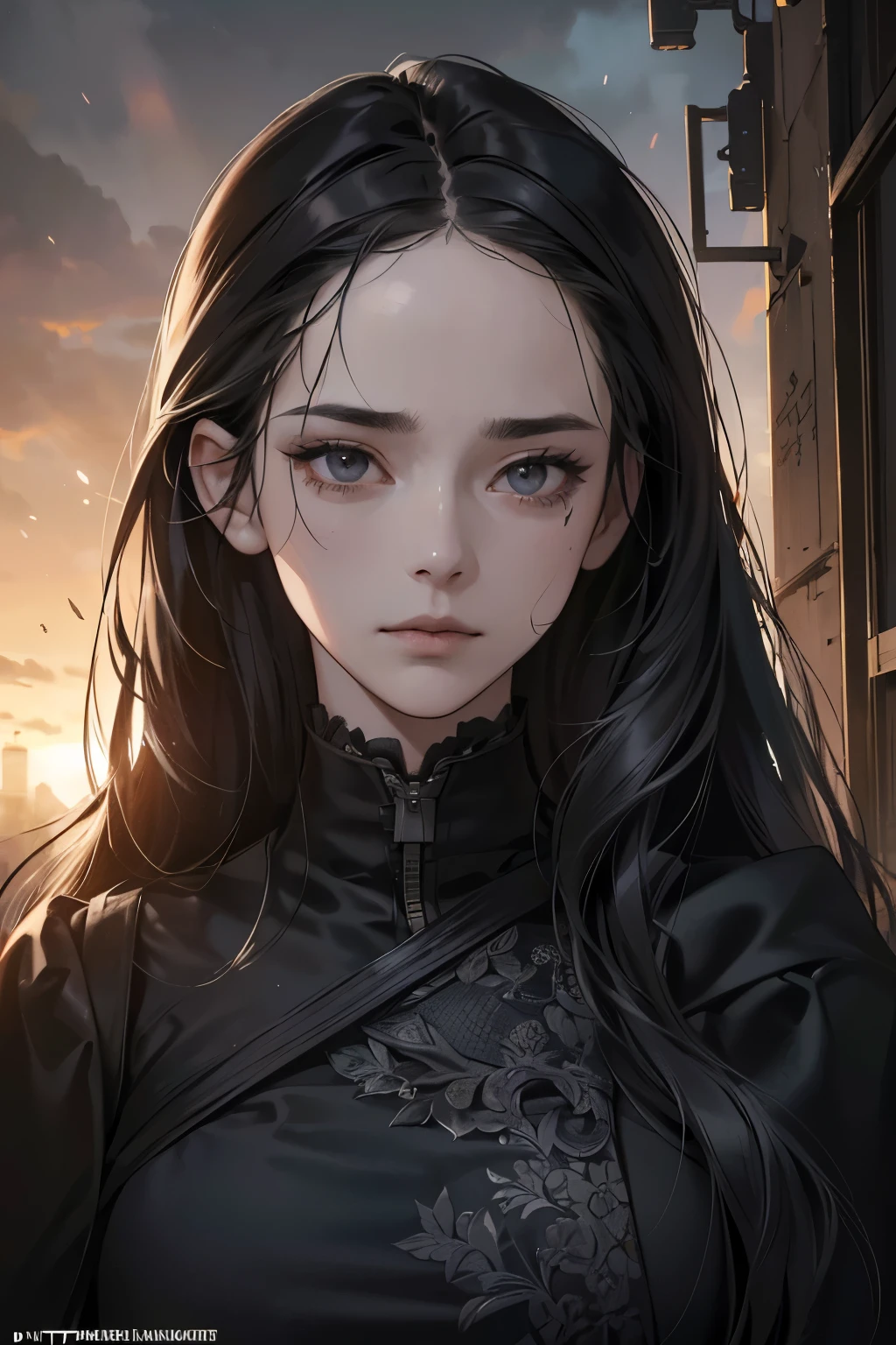 masterpiece, best quality, ultra detailed, 8K photorealistic dark dystopian setting, realistic lighting, HDR image, Manhwa art, 1 28 year old woman, very beautiful, perfect lines, black eyes, long hair, movement, wearing black clothes, na destroyed street, nighttime dystopia, (((no errors))), (((very detailed))), ((extremely well done))), (((face focus, perfect face)))