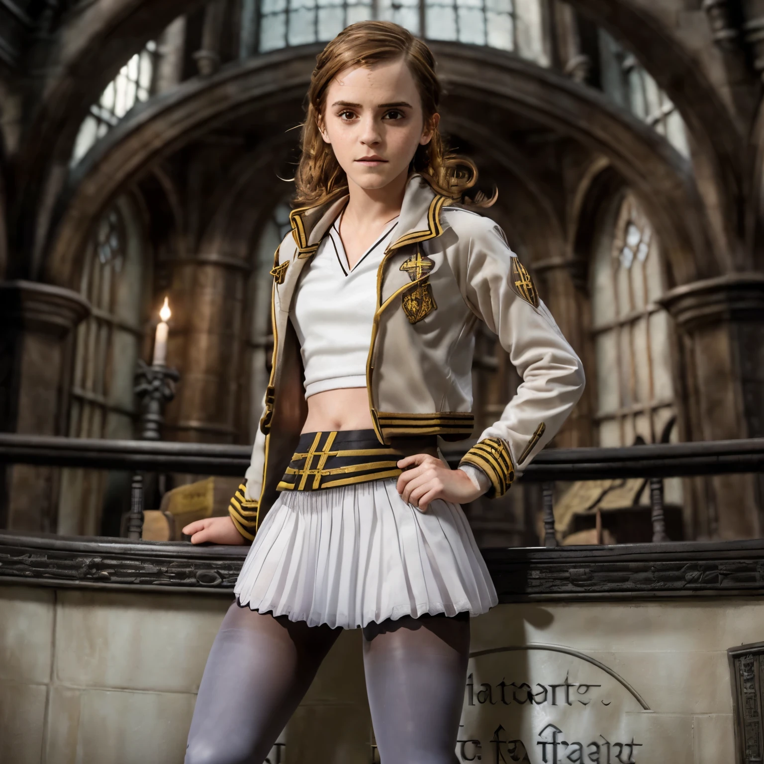 (Emma Watson as Hermione Granger wearing Hogwarts uniform with white nylon tights backing up:1.5). viewed from 3/4 side. Full body. Afraid of her surroundings. Looking over her shoulder. Dark forest. Dim lighting. Rugged terrain. Photorealistic. 8K resolution. Masterpiece. Wide angle shot.