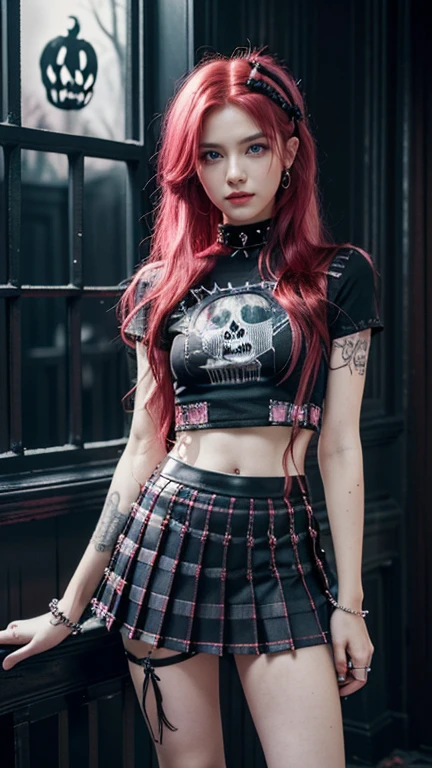 (Ultra-detailed eyes), (((textile shading))), (((Best Quality))), (((masutepiece))), (((Ultra-detailed CG))), sassy girl, (((magical ))), (), (tiny chest), red hair, red hair, red hair, red hair, Spooky Season In Punk hairstyle, ((messy hair,  gorgeous hair)), Pink eyes, (((Spooky Season In Punk Outfits))), ((spooky punk a pose)), (((Game CG)) (gorgeous, sassy, it girl), fancy jewelry, haunted house, dark day, strong Spooky Season In Punk atmosphere, strong haunted house atmosphere, cowboy shot, midshot, centered image, eye on camera, heart panel baby tee, black pleated mini skirt, pastel color