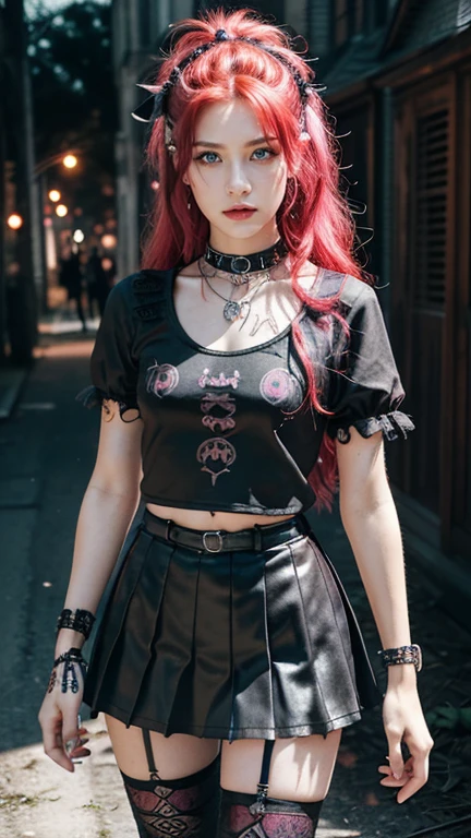 (Ultra-detailed eyes), (((textile shading))), (((Best Quality))), (((masutepiece))), (((Ultra-detailed CG))), sassy girl, (((magical ))), (), (tiny chest), red hair, red hair, red hair, red hair, Spooky Season In Punk hairstyle, ((messy hair,  gorgeous hair)), Pink eyes, (((Spooky Season In Punk Outfits))), ((spooky punk a pose)), (((Game CG)) (gorgeous, sassy, it girl), fancy jewelry, haunted house, dark day, strong Spooky Season In Punk atmosphere, strong haunted house atmosphere, cowboy shot, midshot, centered image, eye on camera, heart panel baby tee, black pleated mini skirt, pastel color