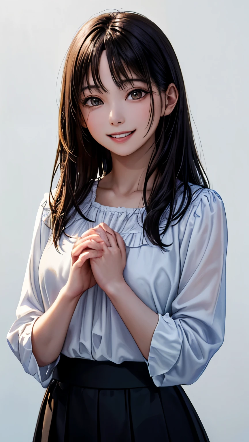 (highest quality、8k、32K、masterpiece)、(realistic)、(Photoreal:1.2)、(High resolution)、Super detailed、very beautiful face and eyes、1 girl、round and small face、thin waist、delicate body、(close、highest quality、high detail、rich skin details)、(highest quality、8k、oil paint:1.2)、Super detailed、(realistic、realistic:1.37)、bright colors、(((brown hair)))、(((bust shot)))、(((long hair)))、(((pure white wall background)))、(((pure white wall background)))、(((I'm an OL)))、(((She has a happy expression)))、(((I'm smiling)))、(((wearing a blue blouse)))、(((look straight ahead)))、(((black hair)))、(((It is black hair)))、(((The skirt is short)))、(((teeth visible)))、(((Hands are above the head)))、