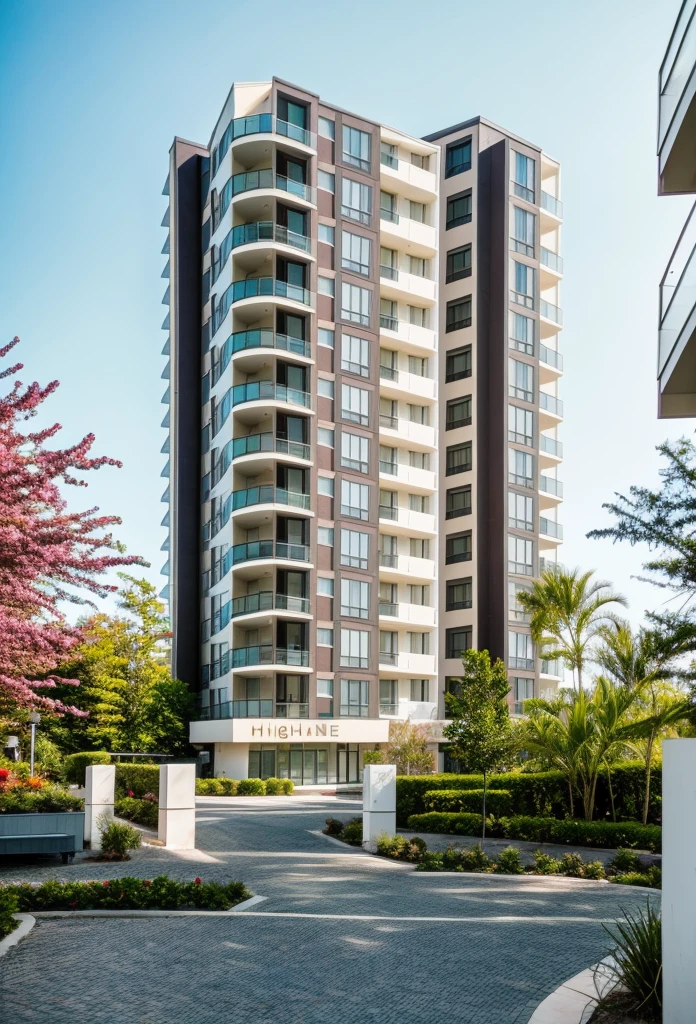 exterior of highrise apartment building, contemporary style, balconies, plants and flowers on balconies, vivid colour, beautiful landscape, stone pavement,cars, realistic, RAW photo, 8k uhd, dslr, soft lighting, high quality, film grain, Fujifilm XT3,masterpiece,