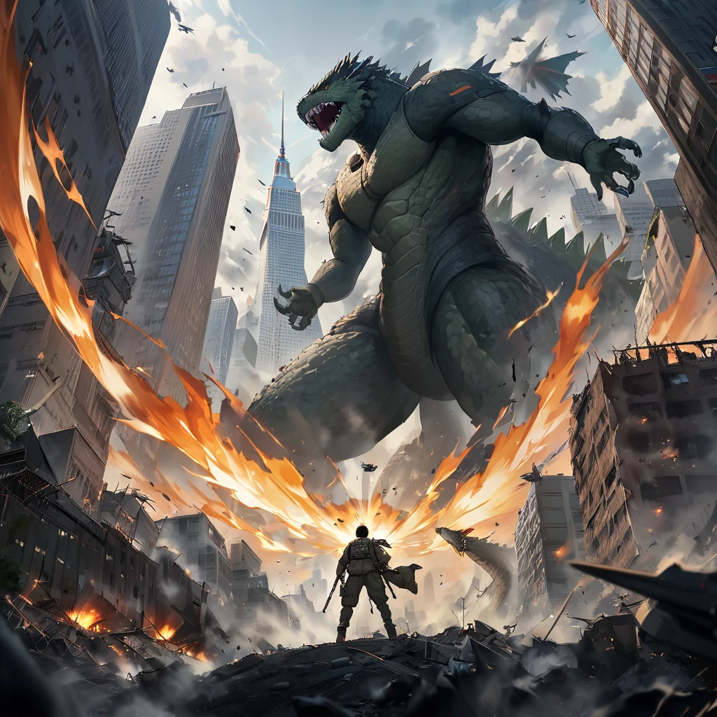 A thrilling cinematic poster featuring Godzilla in a dynamic pose, breathing fire while an F-14 fighter jet soars through the sky. The Empire State Building looms in the background, partially destroyed by the monster. The overall atmosphere is intense and dramatic, with a sense of impending chaos., poster, cinematic