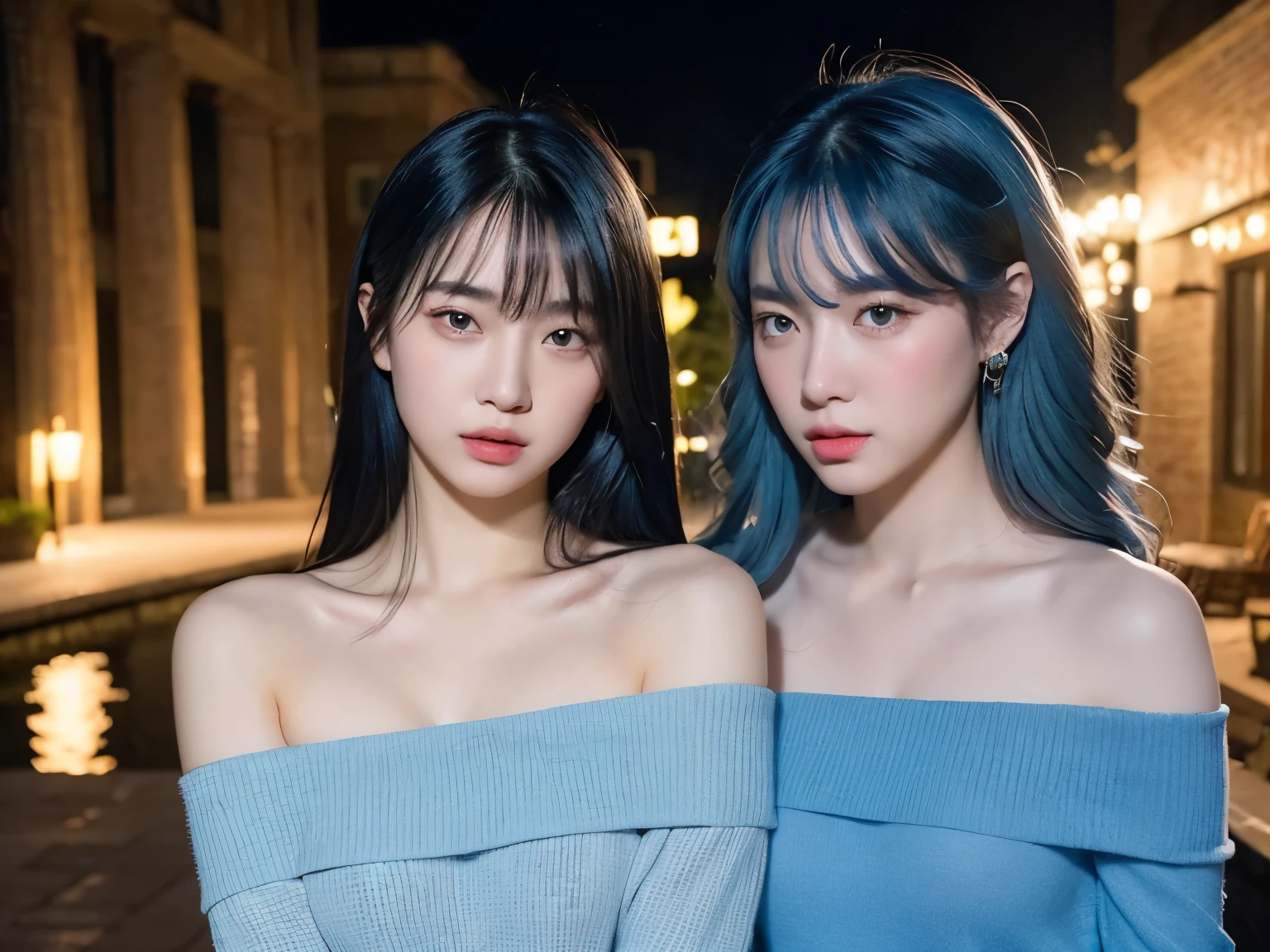 ((nighttime scene,Realistic light,best qualtiy,8K,masterpiece:1.3)),1girl,Beautiful woman with plump body:1.4,(blue hair,medium breasts:1.3),Off-the-shoulder cut top:1.3,sofe,Super detailed face,Detailed eyes,double eyelid