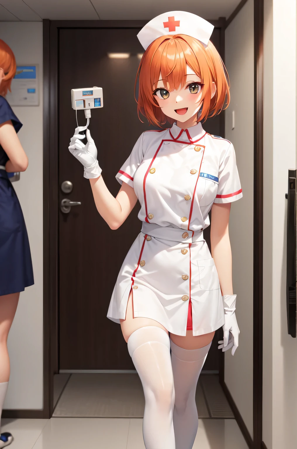 1girl, solo, nurse, nurse cap, white nurse uniform, ((white legwear, zettai ryouiki)), white gloves, very short hair, orange hair, smile, open mouth, standing, ((hospital room)), sharp outline, short sleeves, tomboy, boyish, best quality, masterpiece