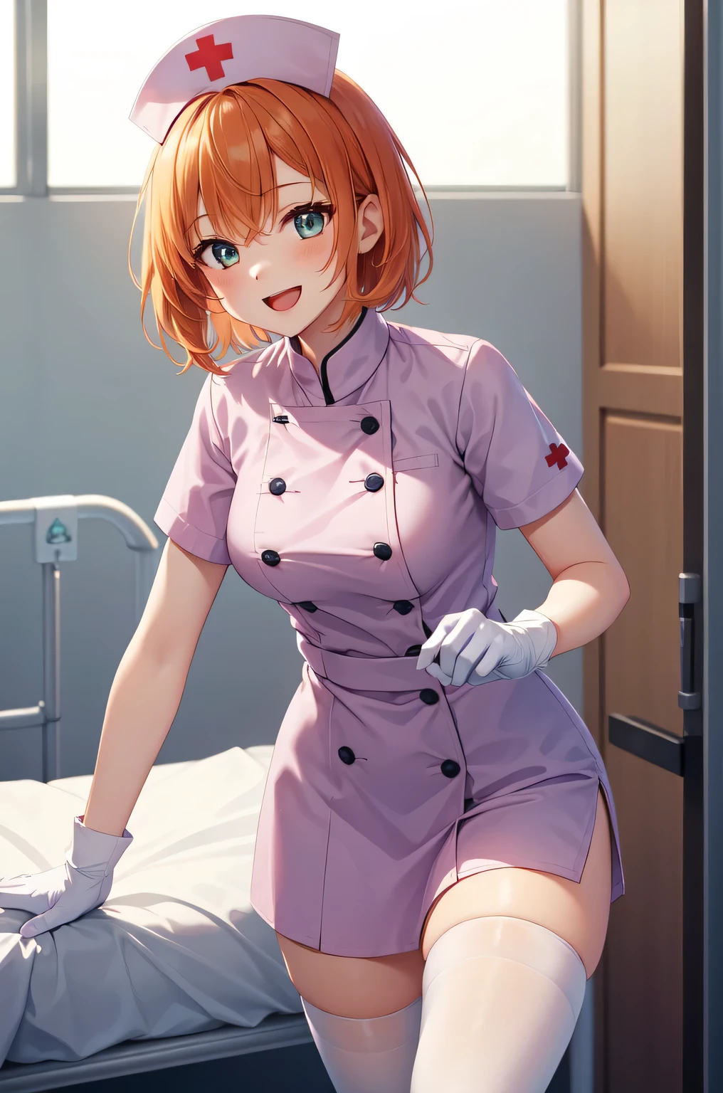 1girl, solo, nurse, nurse cap, white nurse uniform, ((white legwear, zettai ryouiki)), white gloves, very short hair, orange hair, smile, open mouth, standing, ((hospital room)), sharp outline, short sleeves, tomboy, boyish, best quality, masterpiece