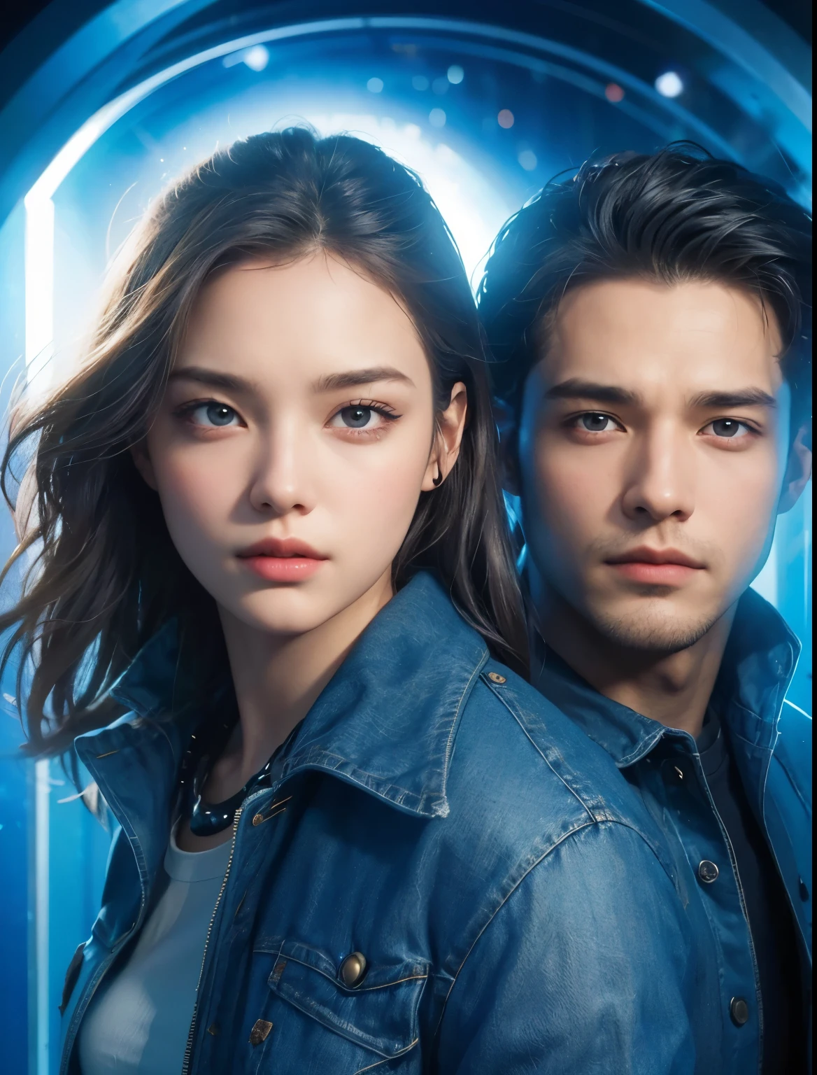 A handsome man and a beautiful woman.Men and women in their 20s.They're both wearing blue jeans and jackets.The two are looking at the camera with serious expressions. A gate of bluish-white light that connects to four-dimensional space-time appears in the space behind the two. A masterpiece.