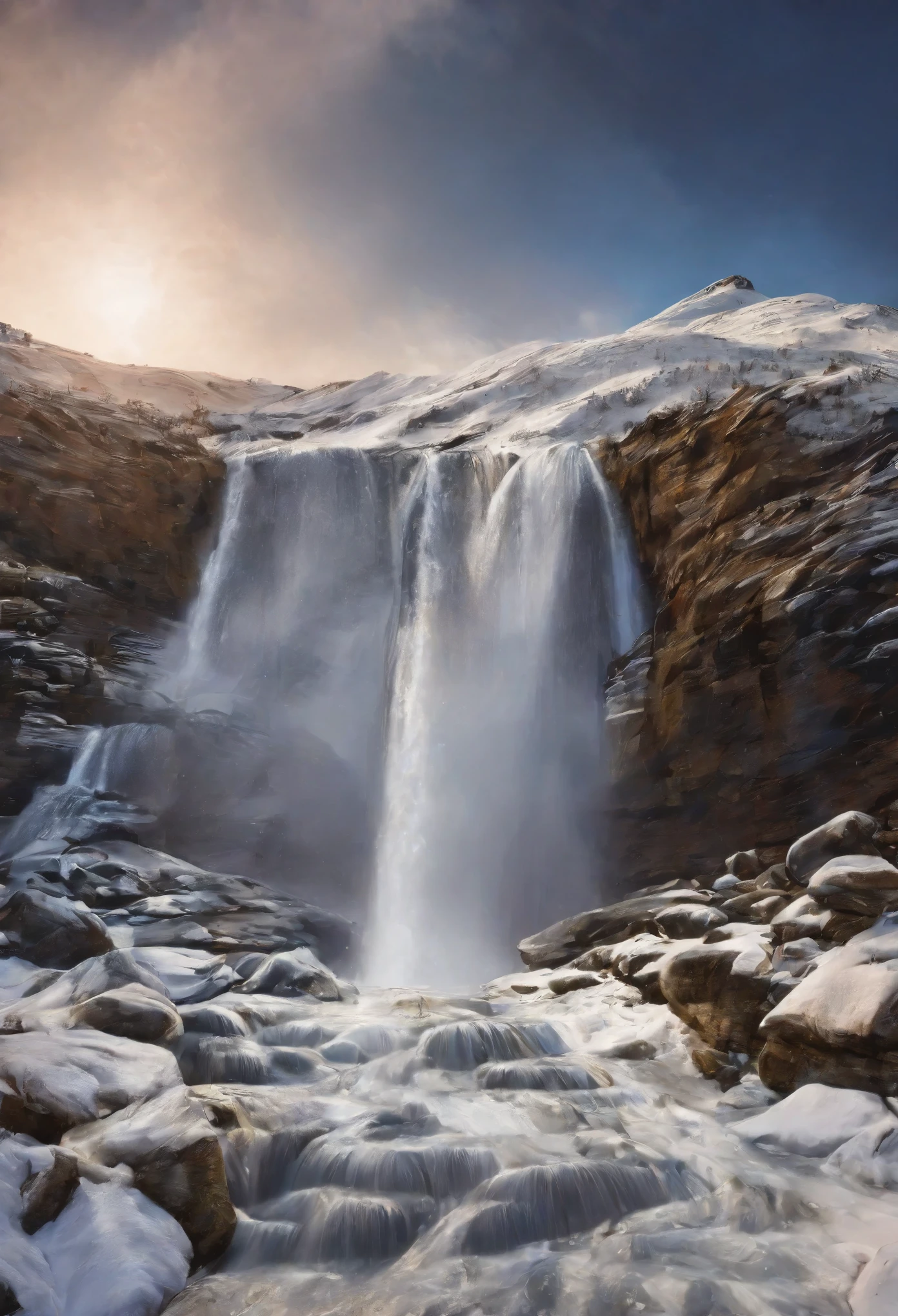 Masterpiece,Best quality, ultra detailed,8k,(((very big waterfall))), Spectacular view ,outdoor,mountain,winter,snow,Composition looking up from below