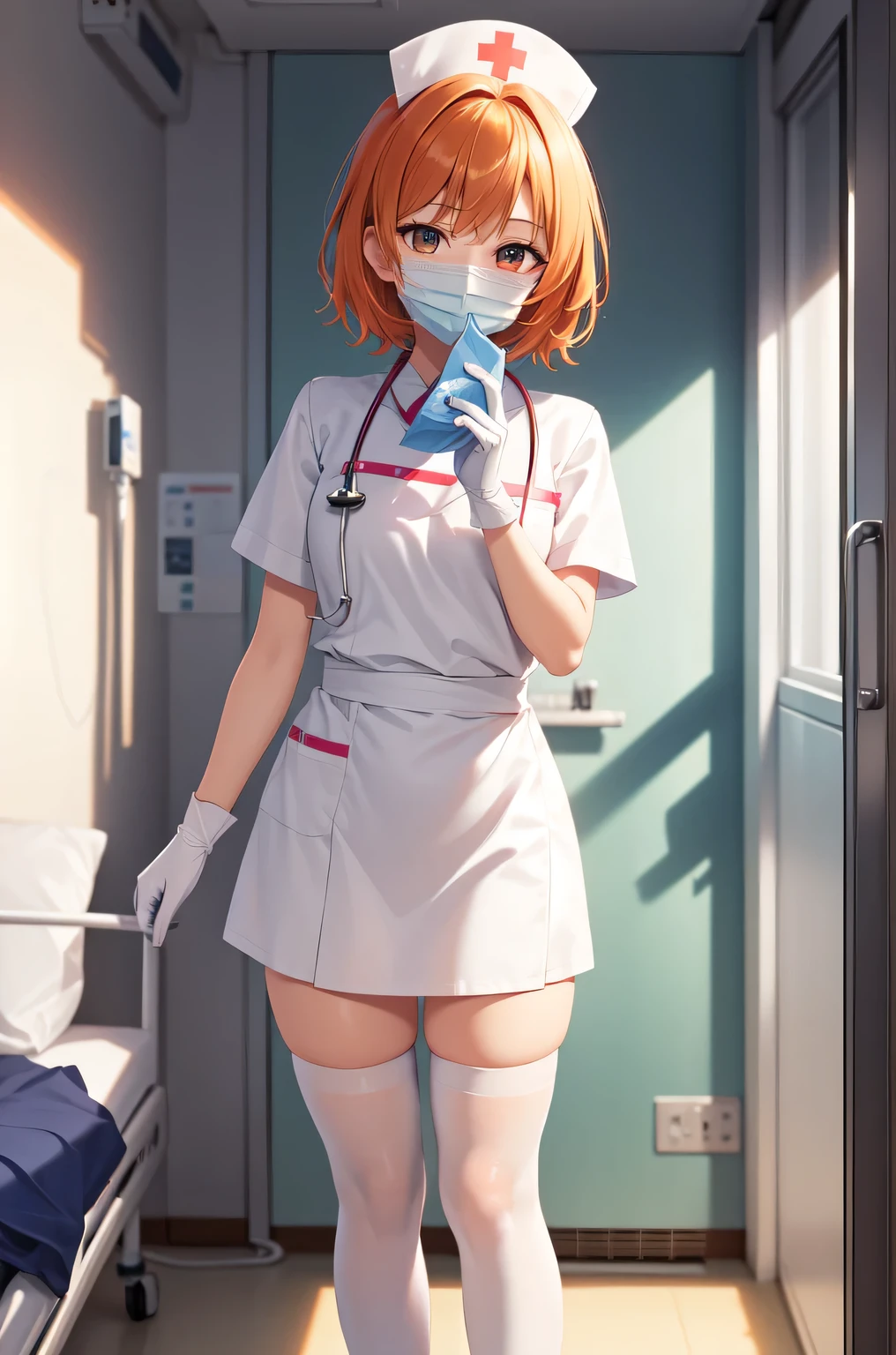 1girl, solo, nurse, nurse cap, white nurse uniform, ((white legwear, zettai ryouiki)), white gloves, very short hair, orange hair, ((white surgical mask, covered nose)), standing, ((hospital room)), sharp outline, short sleeves, tomboy, boyish, best quality, masterpiece