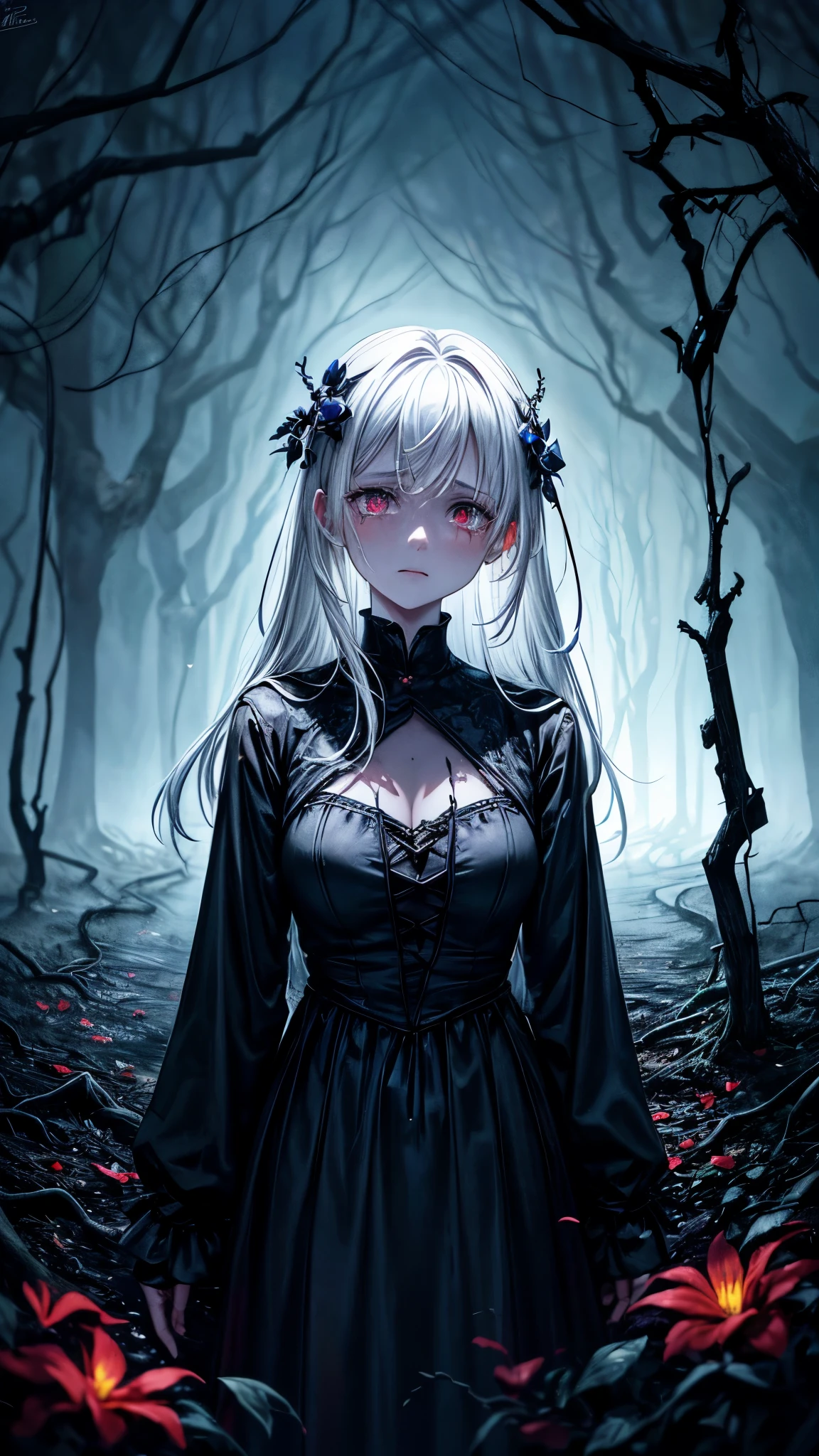 (best quality,high resolution,Super detailed,lifelike:1.2),dark abyss background，underground world,sinister,girl in rags，crying emoticon，shed tears，white hair，face close-up,Extremely pale skin,lifeless skin,holding bright red flowers,apocalyptic,ruined medieval town,building collapse,Cracked surface,ominous clouds,blood moon,The ground cracks,dead tree,Overgrown vines,Behind me are huge blue glowing vines，Spooky shadows,eerie silence,The wind howling in the distance,ominous atmosphere,deserted street,falling petals,unforgettably beautiful,Loneliness is in the air,Lost souls wander,Weaving a web of despair,Darkness prevails,Embrace the unknown.