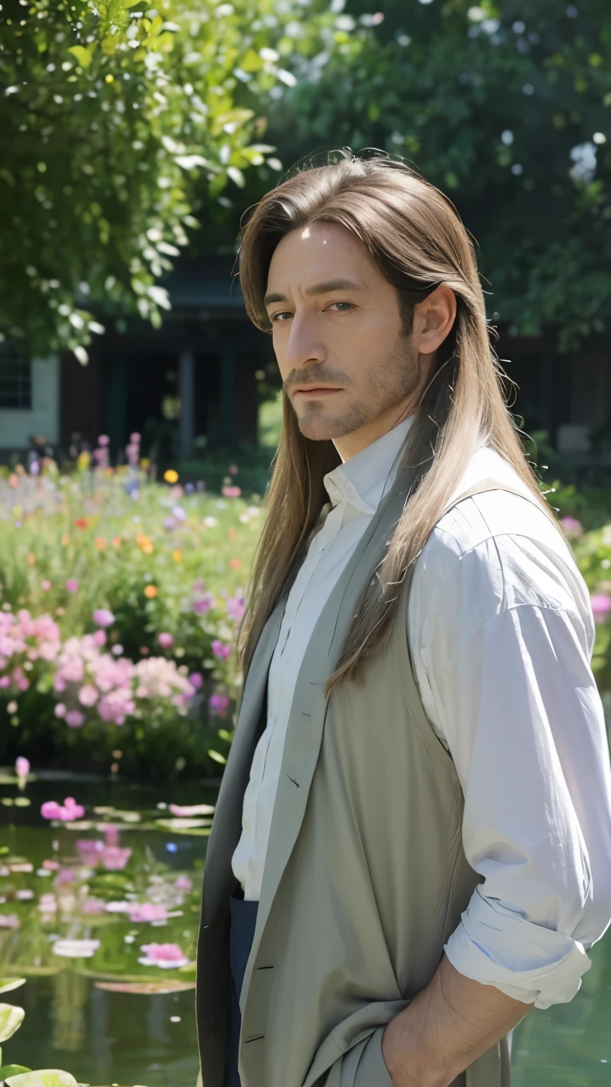 Jason Isaacs,Long platinum hair,Young and handsome,Impressionism,Screen description,Monet,Impressionism, by Oscar-Claude Monet and STUDIO GHIBLI,meticulous portrait