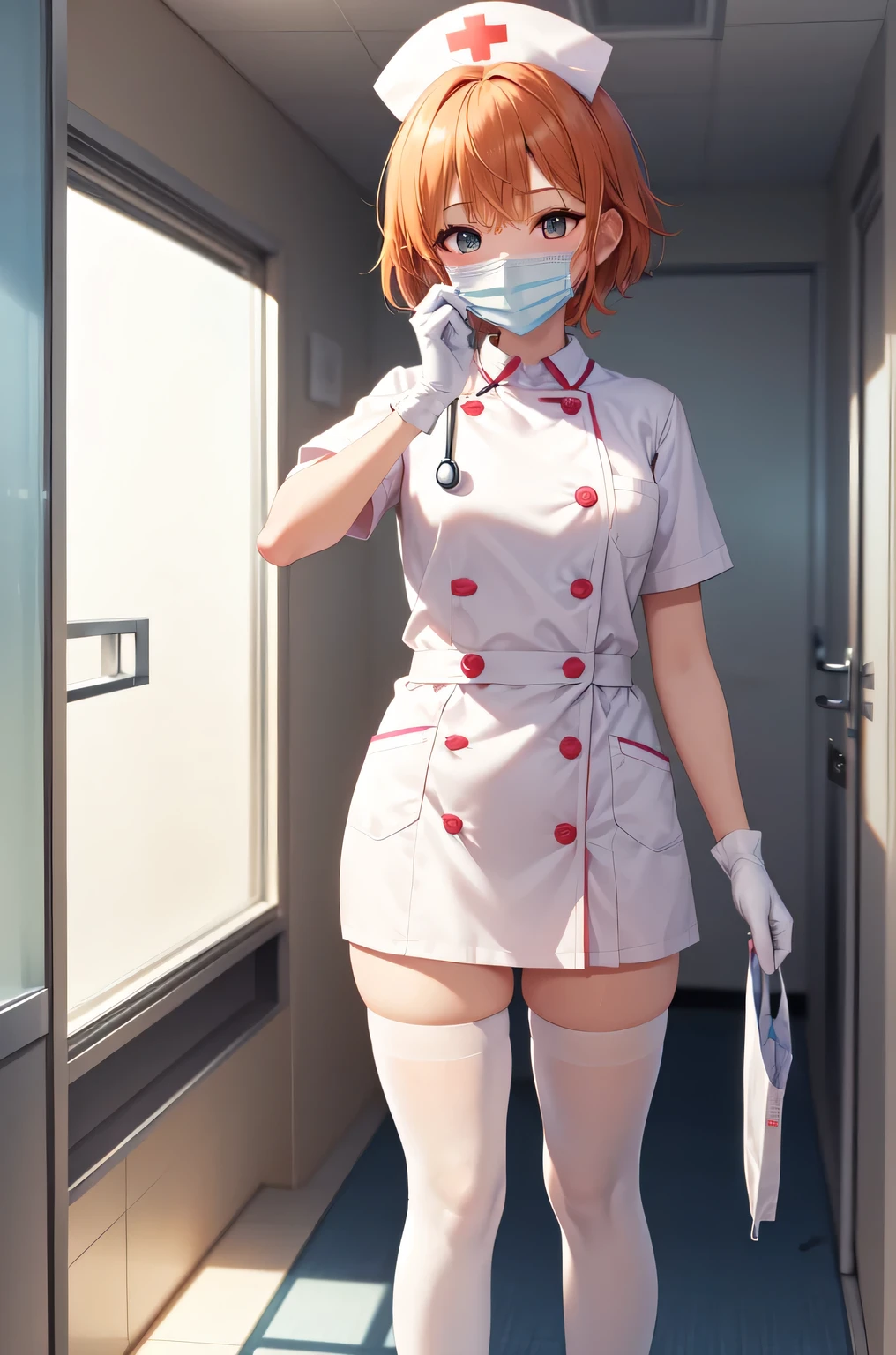 1girl, solo, nurse, nurse cap, white nurse uniform, ((white legwear, zettai ryouiki)), white gloves, very short hair, orange hair, ((white surgical mask, covered nose)), standing, ((hospital room)), sharp outline, short sleeves, tomboy, boyish, best quality, masterpiece