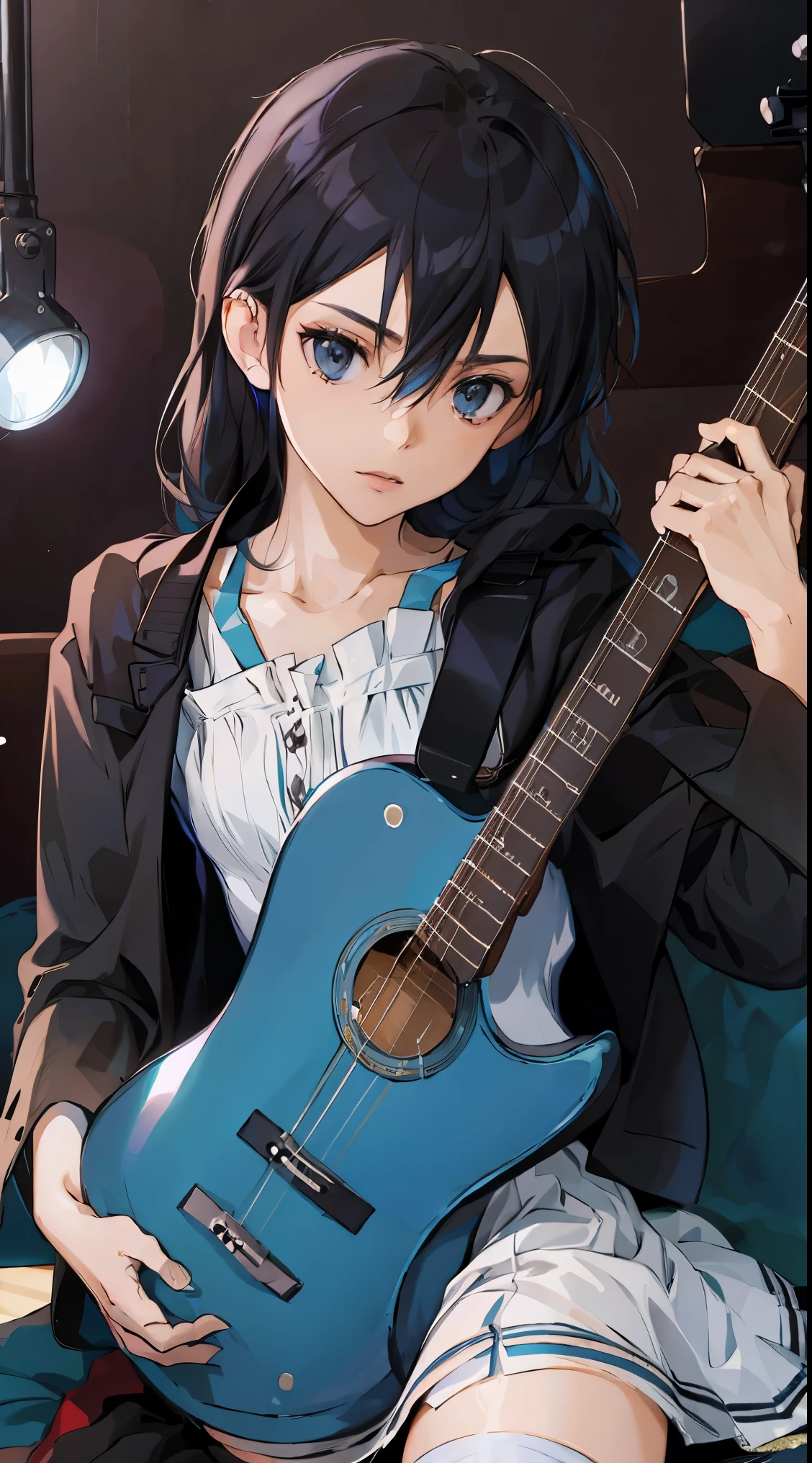 28 years old、black hair messy hair、precision 6 string acoustic guitar:1.2、Anatomically correct fingers、acoustic guitar、Only 1 guitar、Please look straight ahead and sing、(Turn your face forward:1.2)、dress,Female Kirito,long hair,black stockings