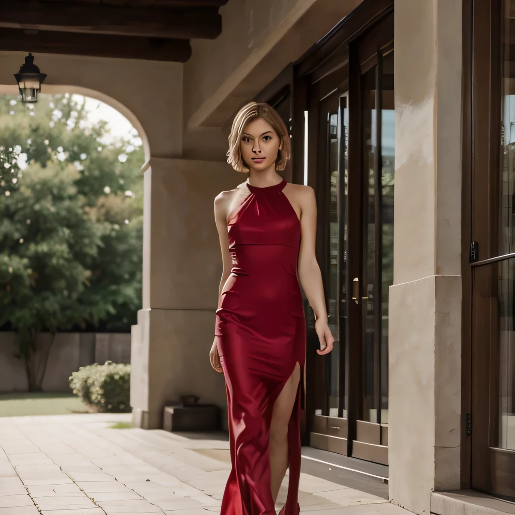 Meisterwerk, high quality, Realistisch, Foto-Shooting, girl, pretty, Short bob haircut just above the shoulders, blonde, Seitenteil, Kein Pony, smiling, Modell, Fachmann, , Hole body, Full body framed, Sehr detaillierte Darstellung, Galakleid Rot, Geht von links nach rechts, Medium sized handbag, schick
