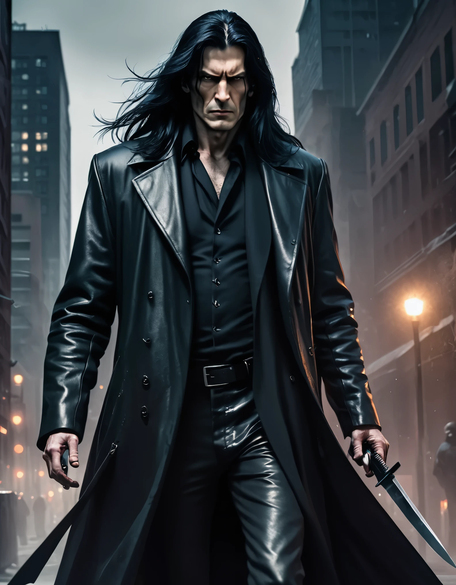Hantred Tall, intimidating piscopathic man, with long black hair, dark energy, wearing a black leather overcoat, armed with a knife, city