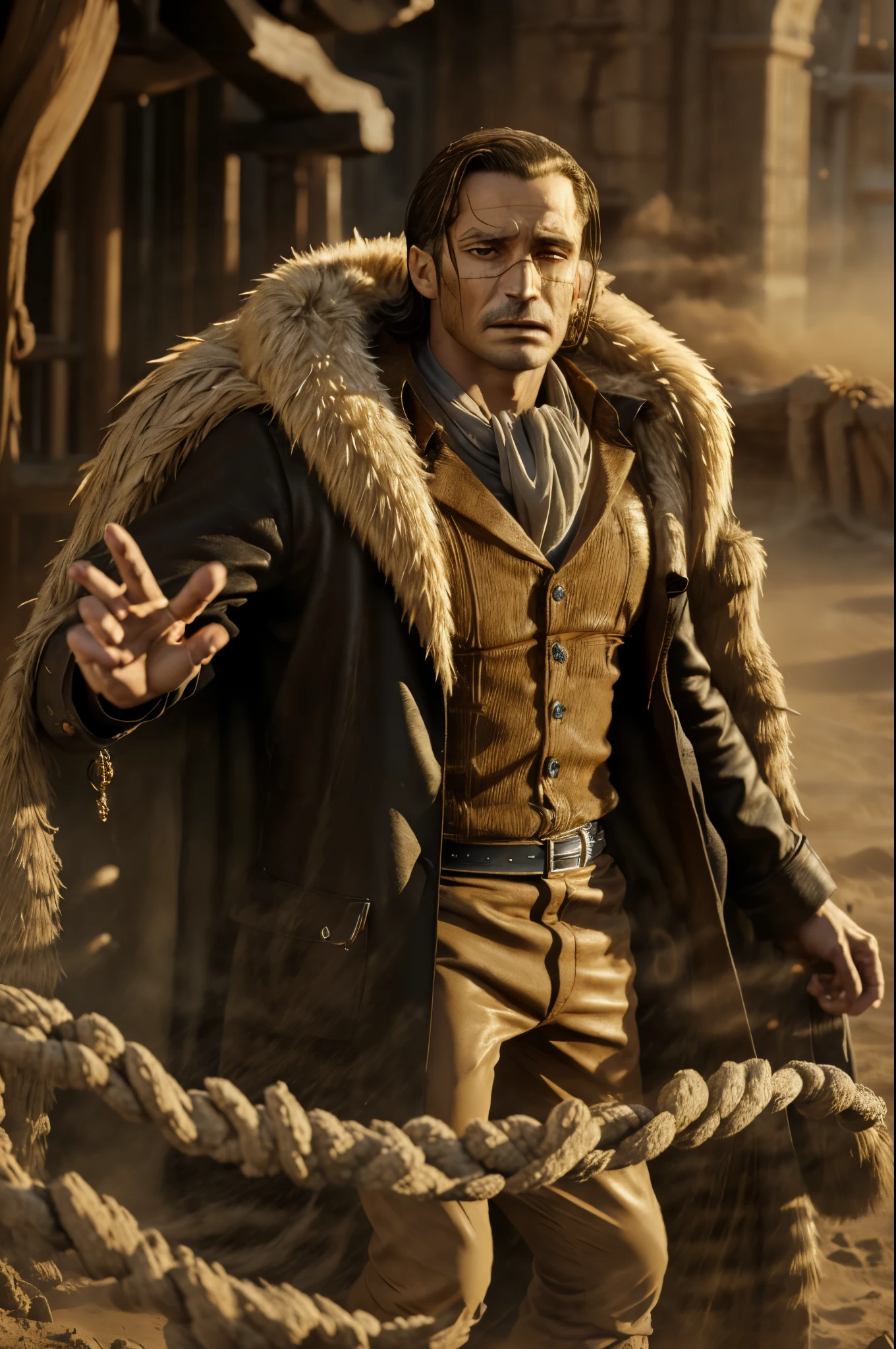 masterpiece, best quality, extremely detailed, hyperrealistic, photorealistic, a cool 40s man, ultra detailed face:1.2, fur-trimmed coat, scarf around the neck, his left hand is a golden pirate hook:1.1, sandstorm:1.2, dynamic pose
