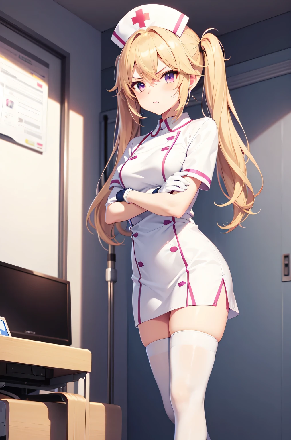 1girl, solo, nurse, nurse cap, white nurse uniform, ((white legwear, zettai ryouiki)), white gloves, twintails, yellow hair, purple eyes, angry, crossed arms, standing, ((hospital room)), sharp outline, short sleeves, best quality, masterpiece
