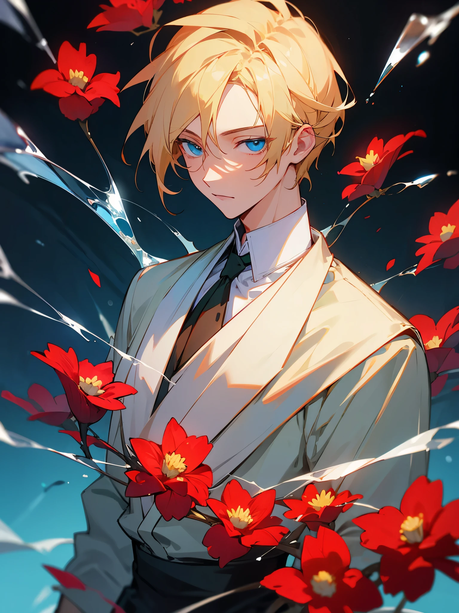 8k , man , Blonde hair, , Bright blue eyes , Wear a nobleman's outfit , glass background , simple , with red flowers , cold , calm
