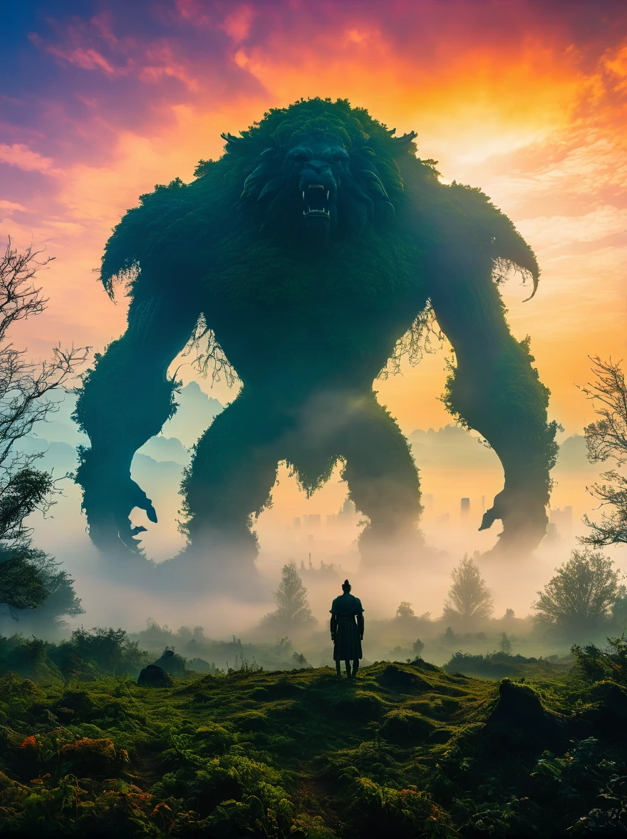 foggy field, trees, ((giant creature1.5)), ((enveloped by fog:1.5)), horizon, unclear shape, towering, city skyline, small humans, mystery, awe, natural landscape, fantastical, eerie, captivating, dawn, dusk, mystical quality, vastness, minuteness, known world, unknown, nature, civilization, subdued colors, ethereal, silhouette, soft light, sky, photo real, Shot on a 50mm lens, classic composition, masterpiece, exquisite, color correction, amazing visual effects, crazy details, intricate details, sharp focus, super high effect,(UHD, masterpiece, ccurate, anatomically correct, textured skin, high details, high quality, award winning, 8k), ((super high saturation, extremely bright and bright colors),whole body,ultra wide angle lens,