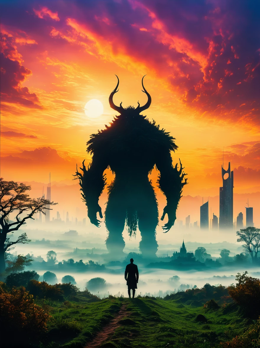 foggy field, trees, ((giant creature1.5)), ((enveloped by fog:1.5)), horizon, unclear shape, towering, city skyline, small humans, mystery, awe, natural landscape, fantastical, eerie, captivating, dawn, dusk, mystical quality, vastness, minuteness, known world, unknown, nature, civilization, subdued colors, ethereal, silhouette, soft light, sky, photo real, Shot on a 50mm lens, classic composition, masterpiece, exquisite, color correction, amazing visual effects, crazy details, intricate details, sharp focus, super high effect，(UHD, masterpiece, ccurate, anatomically correct, textured skin, high details, high quality, award winning, 8k), ((super high saturation, extremely bright and bright colors)，whole body，ultra wide angle lens，