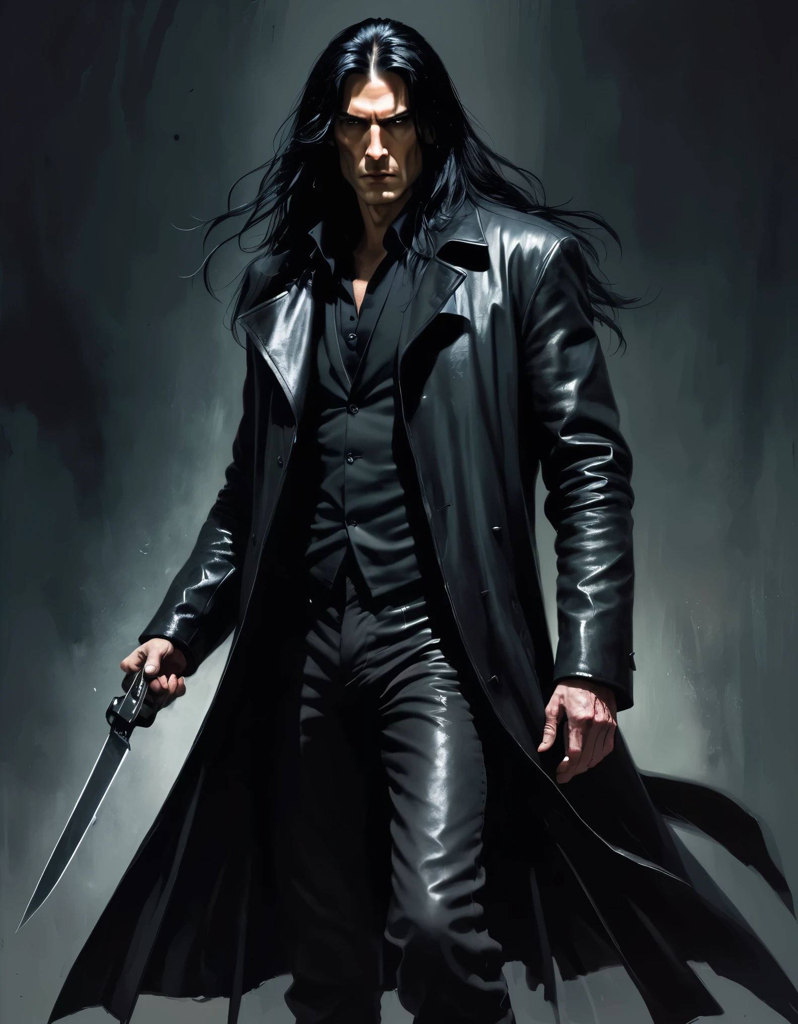 Hantred Tall, intimidating piscopathic man, with long black hair, dark energy, wearing a black leather overcoat, armed with a knife