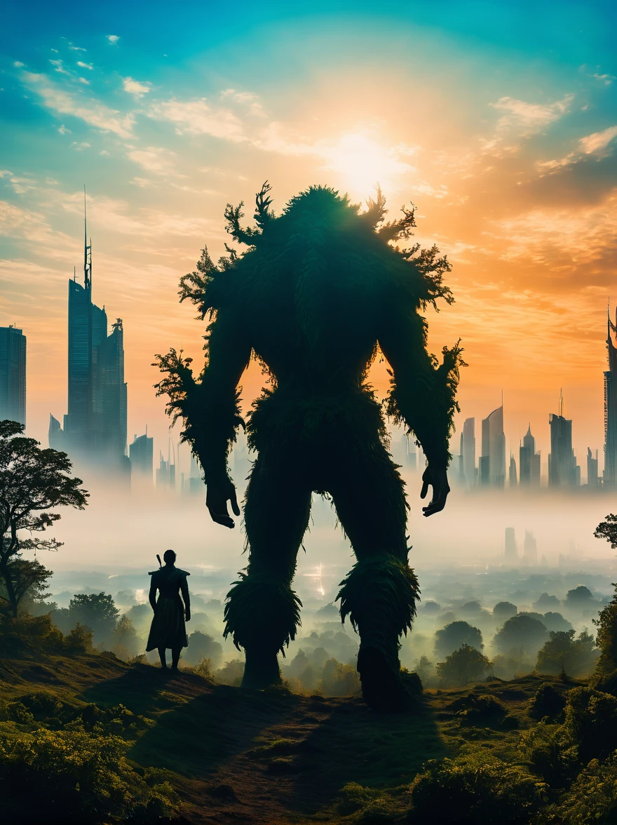 foggy field, trees, ((giant creature1.5)), ((enveloped by fog:1.5)), horizon, unclear shape, towering, city skyline, small humans, mystery, awe, natural landscape, fantastical, eerie, captivating, dawn, dusk, mystical quality, vastness, minuteness, known world, unknown, nature, civilization, subdued colors, ethereal, silhouette, soft light, sky, photo real, Shot on a 50mm lens, classic composition, masterpiece, exquisite, color correction, amazing visual effects, crazy details, intricate details, sharp focus, super high effect，(UHD, masterpiece, ccurate, anatomically correct, textured skin, high details, high quality, award winning, 8k), ((super high saturation, extremely bright and bright colors)，whole body，ultra wide angle lens，