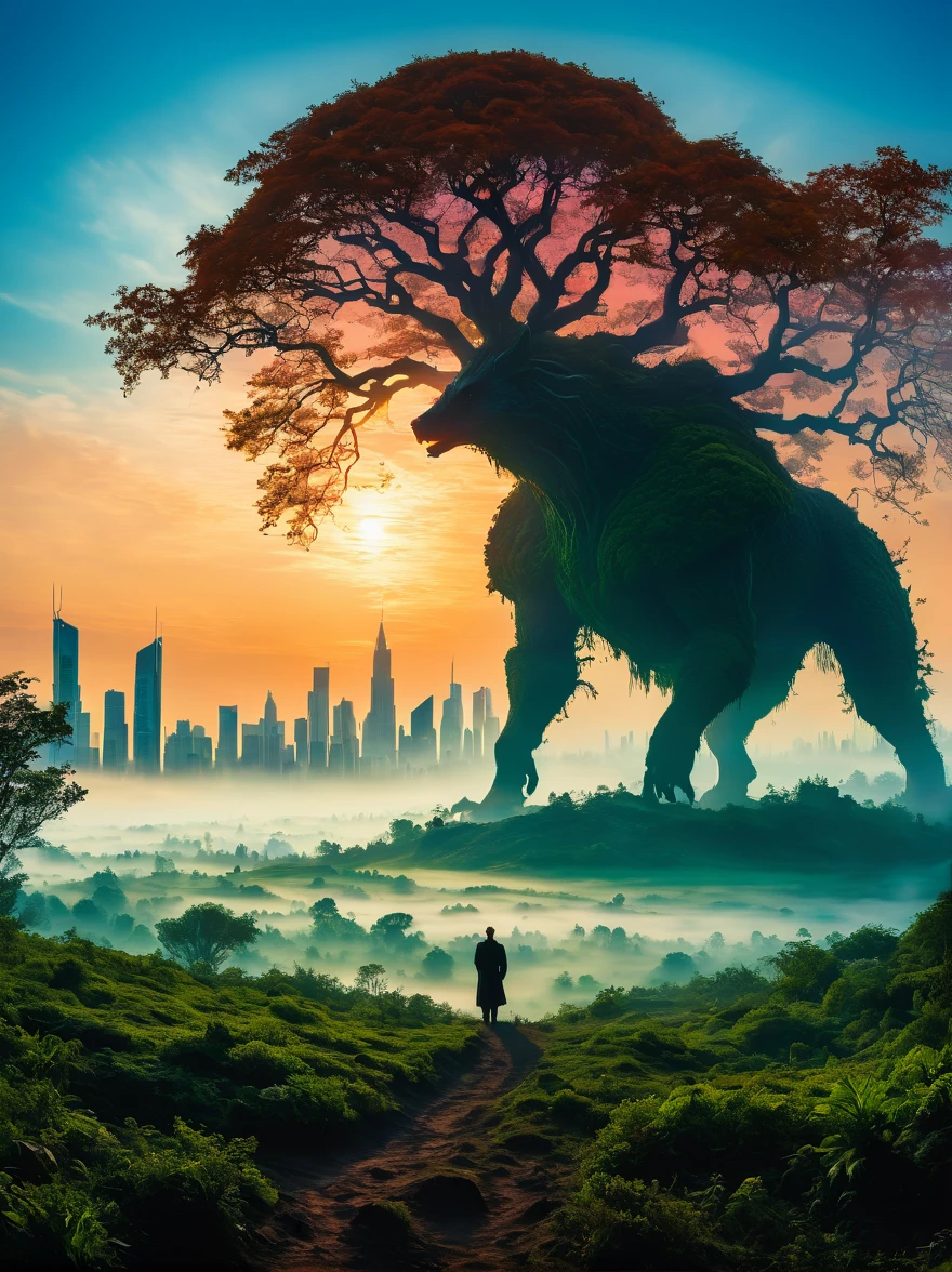 foggy field, trees, ((giant creature1.5)), ((enveloped by fog:1.5)), horizon, unclear shape, towering, city skyline, small humans, mystery, awe, natural landscape, fantastical, eerie, captivating, dawn, dusk, mystical quality, vastness, minuteness, known world, unknown, nature, civilization, subdued colors, ethereal, silhouette, soft light, sky, photo real, Shot on a 50mm lens, classic composition, masterpiece, exquisite, color correction, amazing visual effects, crazy details, intricate details, sharp focus, super high effect，(UHD, masterpiece, ccurate, anatomically correct, textured skin, high details, high quality, award winning, 8k), ((super high saturation, extremely bright and bright colors)，whole body，ultra wide angle lens，