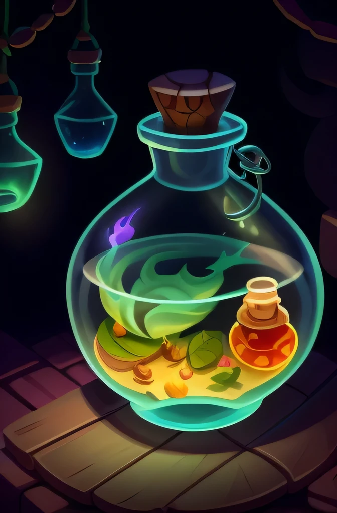 brewing lotion in witch hut, lotion of healing, stylized shadow, lotion, Stylized cell shading, lotion belt, lotion, health lotion, Fantastic terrarium graphics, glowing jar, cel shading, making a lotion, Alchemist&#39;vial pain，Many small bottles hanging，Dreamy and magical