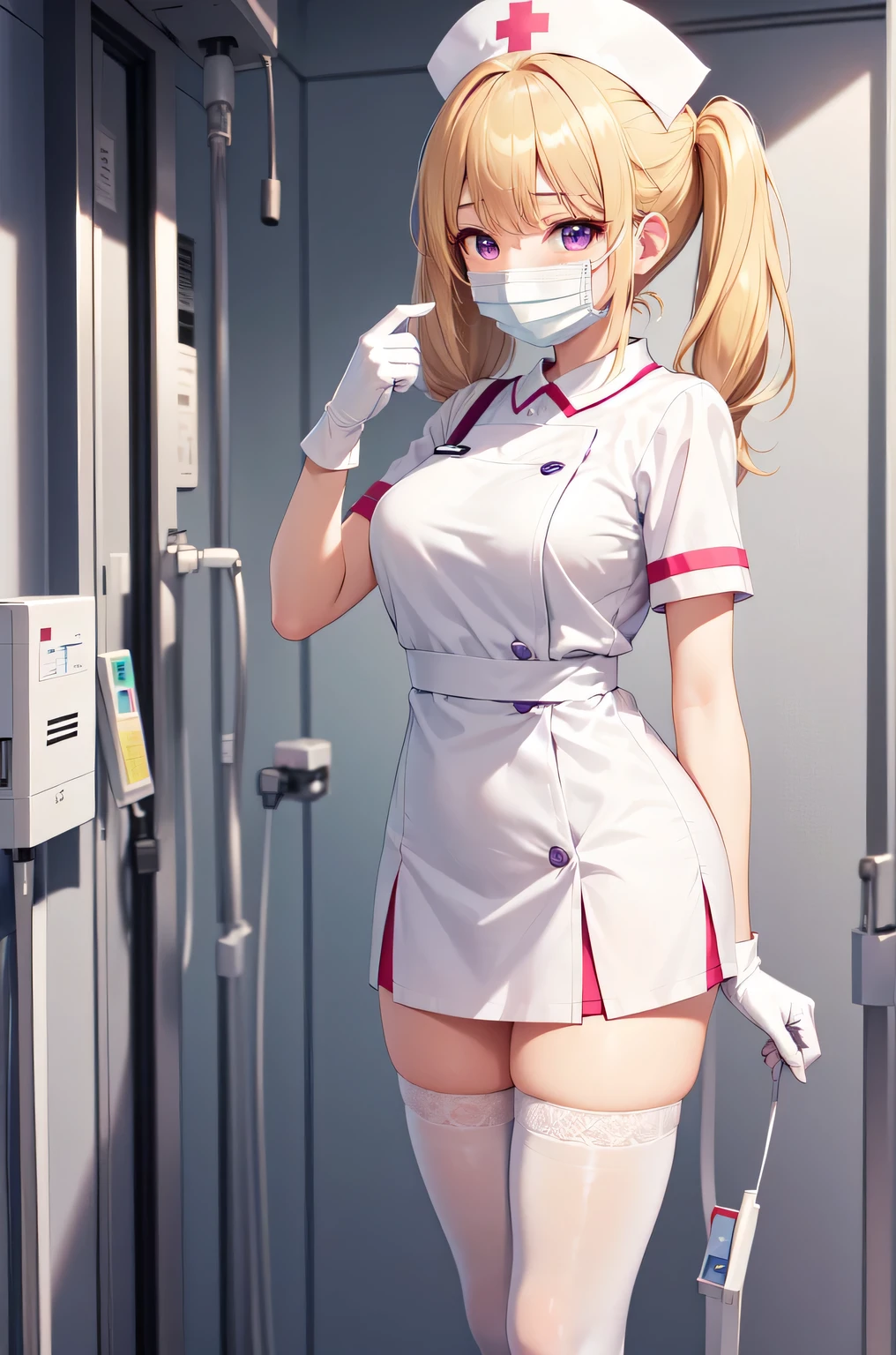 1girl, solo, nurse, nurse cap, white nurse uniform, ((white legwear, zettai ryouiki)), white gloves, twintails, yellow hair, purple eyes, ((white surgical mask, covered nose)), standing, ((hospital room)), sharp outline, short sleeves, best quality, masterpiece