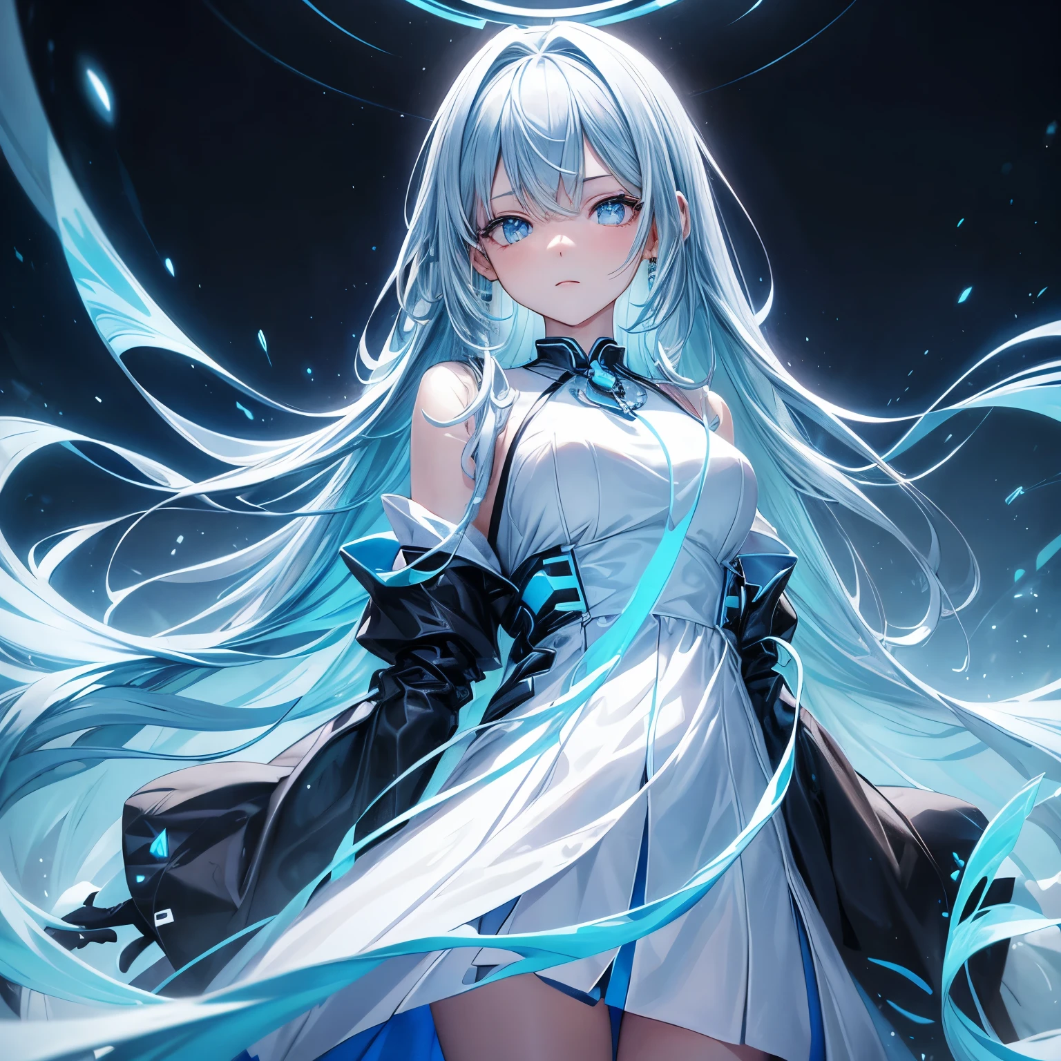 ((masterpiece)), (best quality), (detailed), (1 girl), (internal data flow) Light blue gradient hair, light blue glowing eyes, straight hair, Wearing a modern white shirt and black dress, Covered by data particles, Lock around the neck