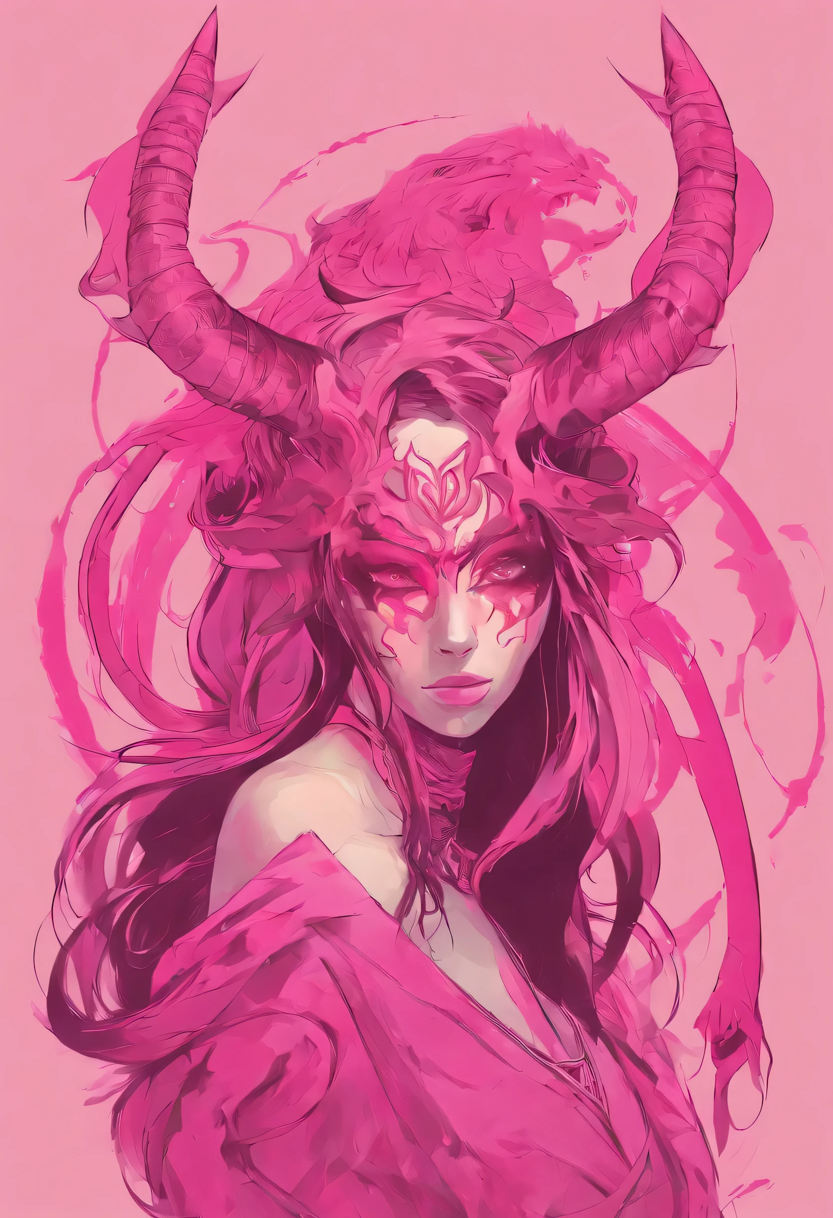 A beautiful pink-skinned woman pink as a pink-skinned devil with long black hair that goes all the way to the ground Make her like a sorceress in a setting filled with magic and mystery A character for medieval RPG she must be wearing medieval robes covering her body like a mage She must wear a medieval costume Her skin is pink pink as an avatar horns and pointed tail as a demon pink skin pink skin pink skin small horns