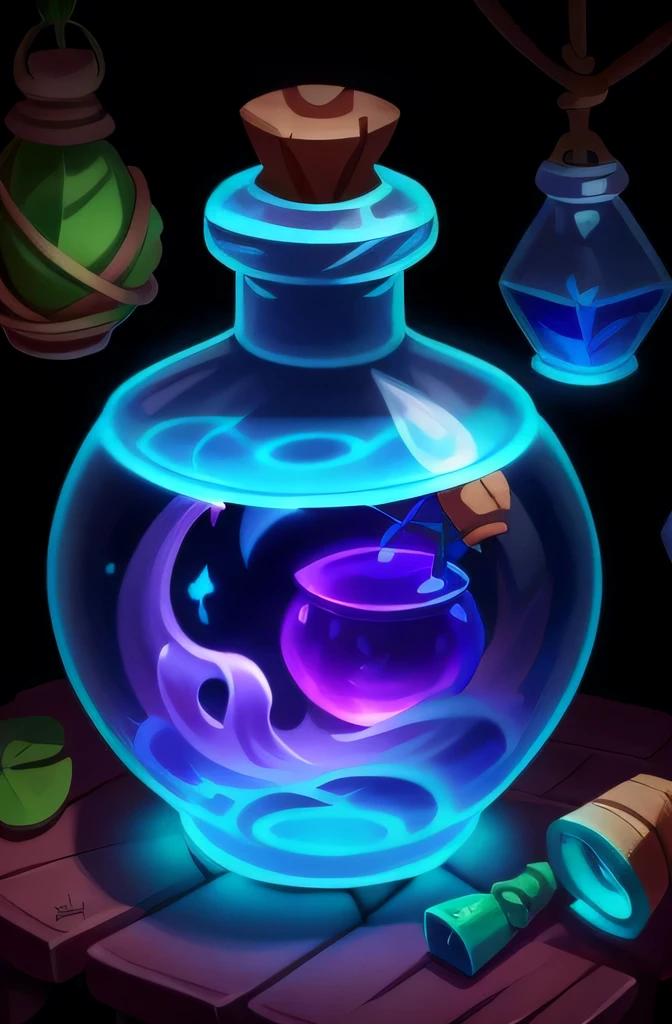 brewing lotion in witch hut, lotion of healing, stylized shadow, lotion, Stylized cell shading, lotion belt, lotion, health lotion, Fantastic terrarium graphics, glowing jar, cel shading, making a lotion, Alchemist&#39;vial pain，Many small bottles hanging，Dreamy and magical