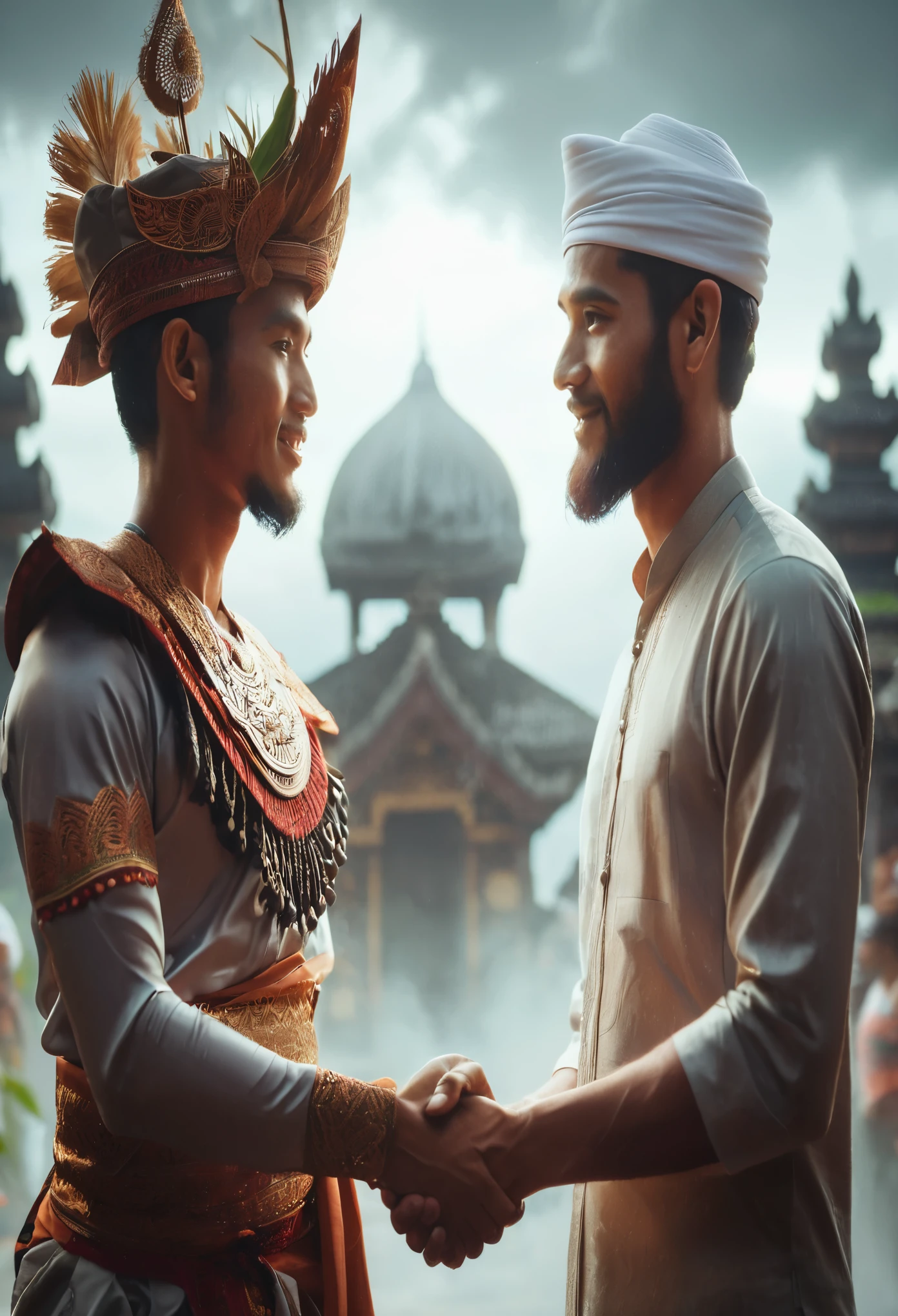 A striking cinematic portrait photograph capturing a heartwarming moment between a Balinese traditional male figure and a handsome Muslim man. The Balinese man is dressed in traditional attire, with a unique headdress adorned with intricate details. The Muslim man has a clean-shaven face and wears a simple, yet elegant outfit. They are shaking hands in a friendly gesture, with a cloudy atmosphere casting a soft light on the scene. The background features a mix of traditional Balinese temple architecture and a mosque, symbolizing the harmonious coexistence of cultures., photo, portrait photography, cinematic