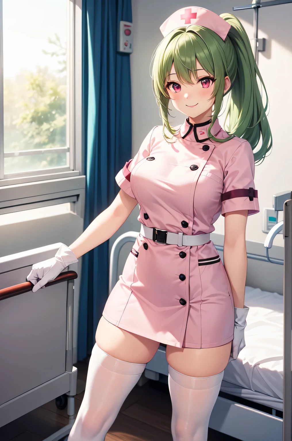 1girl, solo, nurse, nurse cap, white nurse uniform, ((white legwear, zettai ryouiki)), white gloves, ponytail, green hair, pink eyes, smile, standing, ((hospital room)), sharp outline, short sleeves, best quality, masterpiece