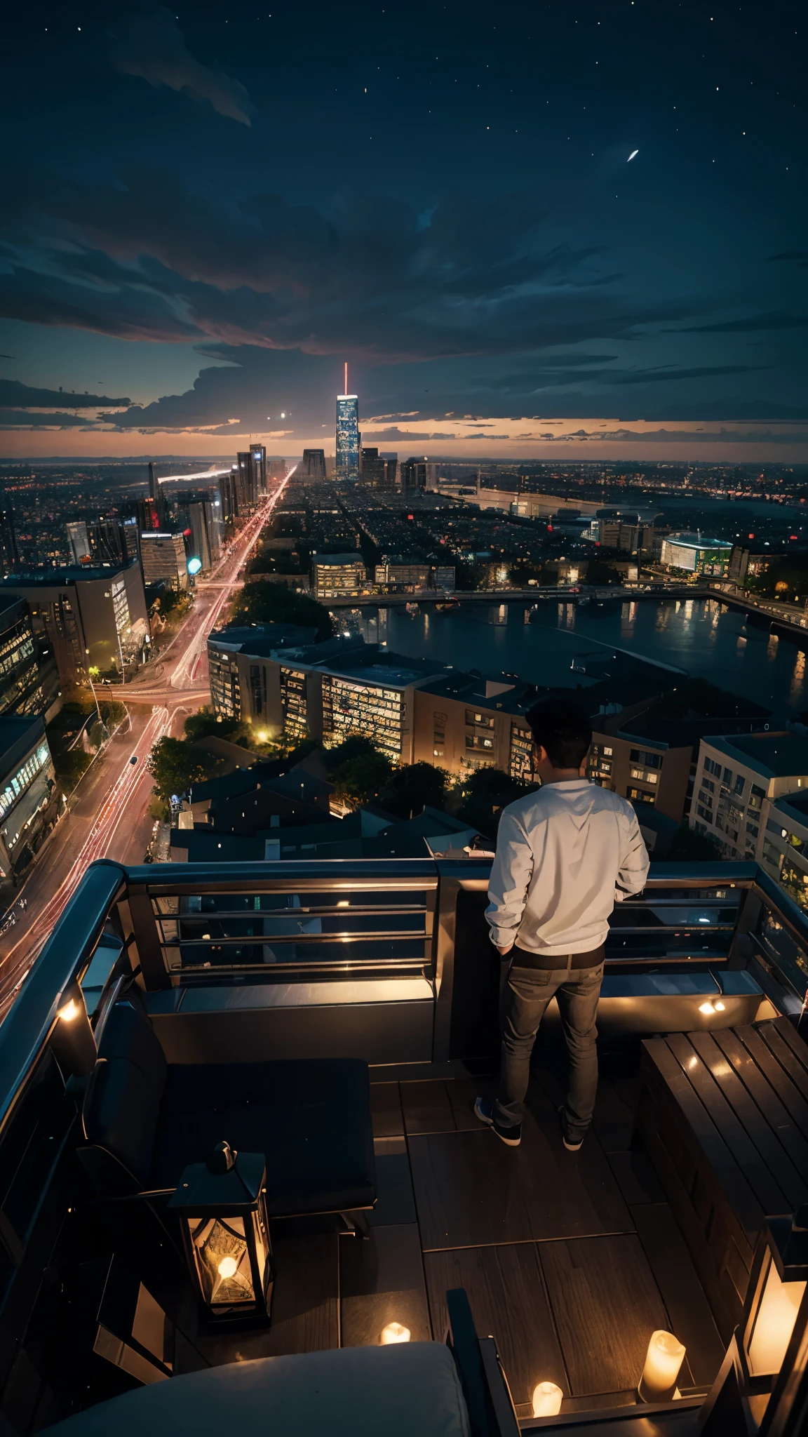 there is a painting of a living room with a view of the city, pixel art by Patrick Ching, pixiv contest winner, pixel art, night scenery, beautiful detailed pixel art, overlooking a modern city, beautiful cityscape, kilian eng and thomas kinkade, night cityscape, dan mumford and thomas kinkade, stunning view, stunning vista, dreamy night