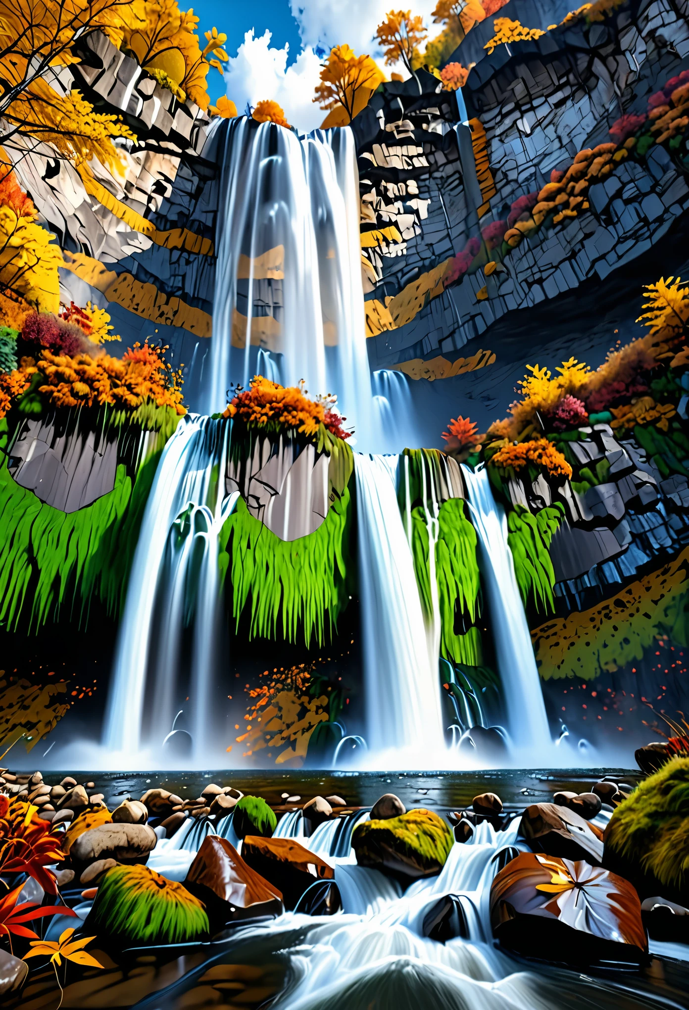 Masterpiece,Best quality, ultra detailed,8k,(((very big waterfall))), Spectacular view ,outdoor,mountain,autumn,Composition looking up from below