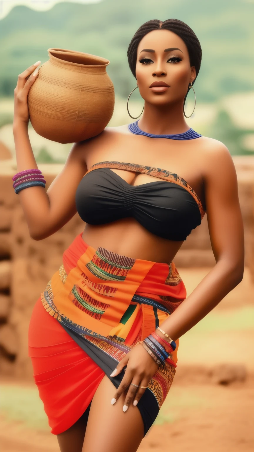 uma mulher de top preto e saia laranja, stunning africano princess, africano queen, beleza tradicional, africano woman, black africano princess, africano princess, africano domme lover, vestindo uma roupa tribal elegante, africano, deusa feminina de pele escura do amor, africano arts, wearing an africano dress, Mulher bonita, por Ingrida Kadaka, estilo enga muito lindo,  maximum resolution, 8K