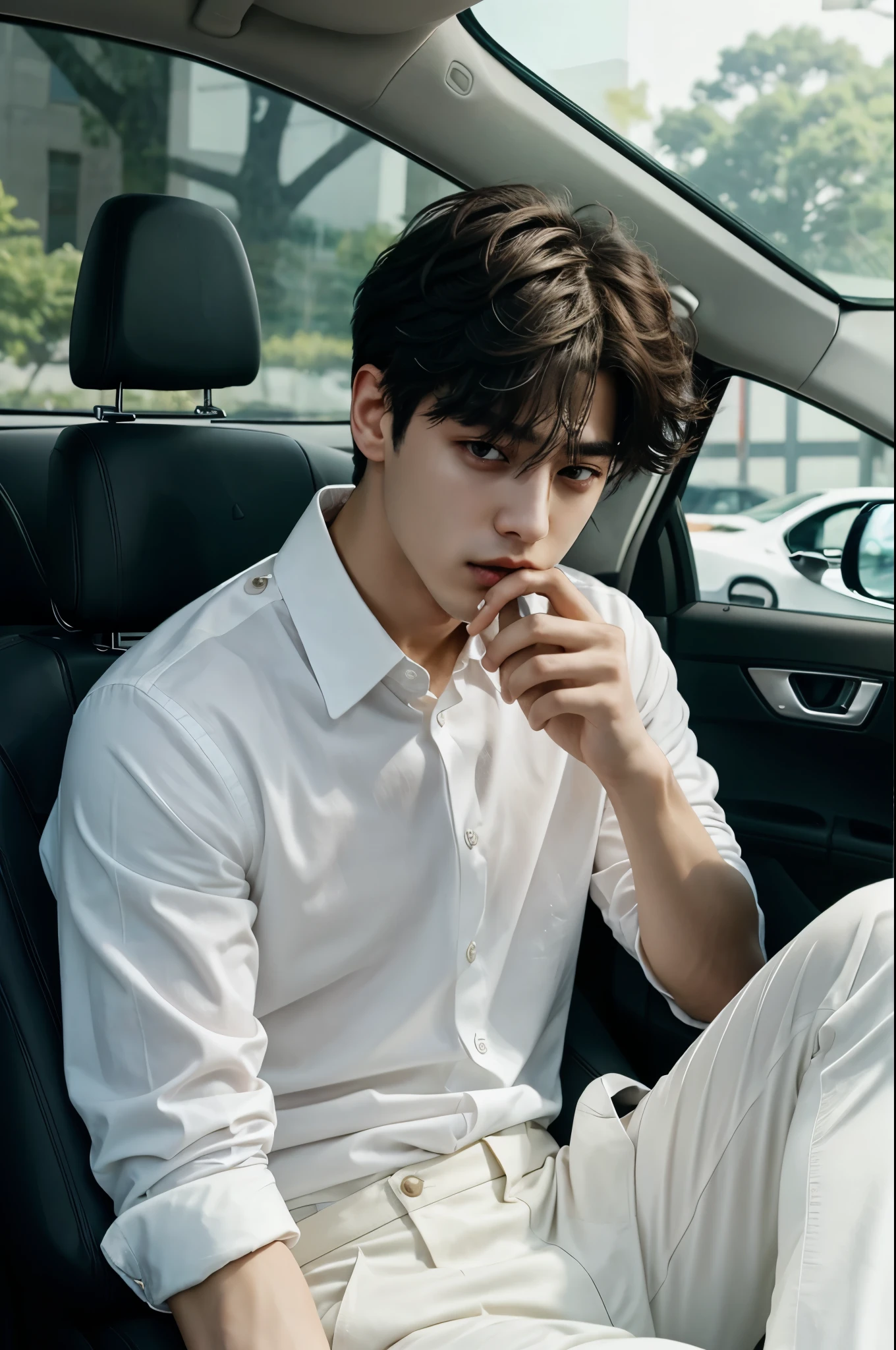 a close up of a person sitting in a car with a white shirt, jungkook, hyung tae, very attractive and beautiful, taehyung eating gucci fries, cai xukun, handsome and attractive, attractive and good looking, cant believe it is real, black haired yoongi, official photos, young wan angel, he is about 2 0 years old, he is about 20 years old