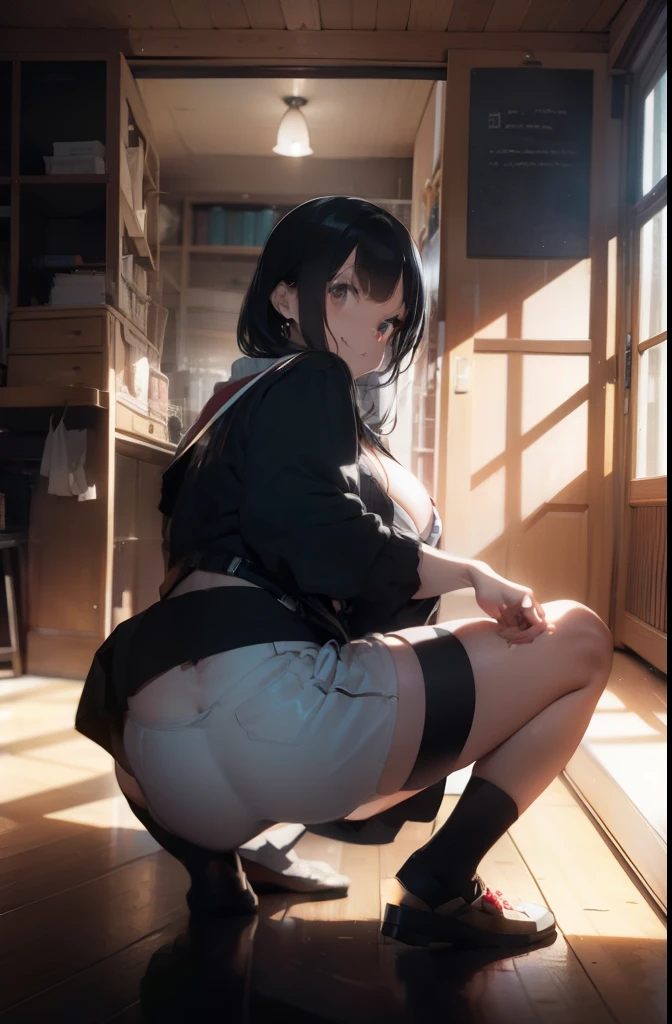 super high quality, ultra high resolution, hyper-detailed, high contrast, ultra fine strike, creative sophistication,black hair,living room,smile,cleavage