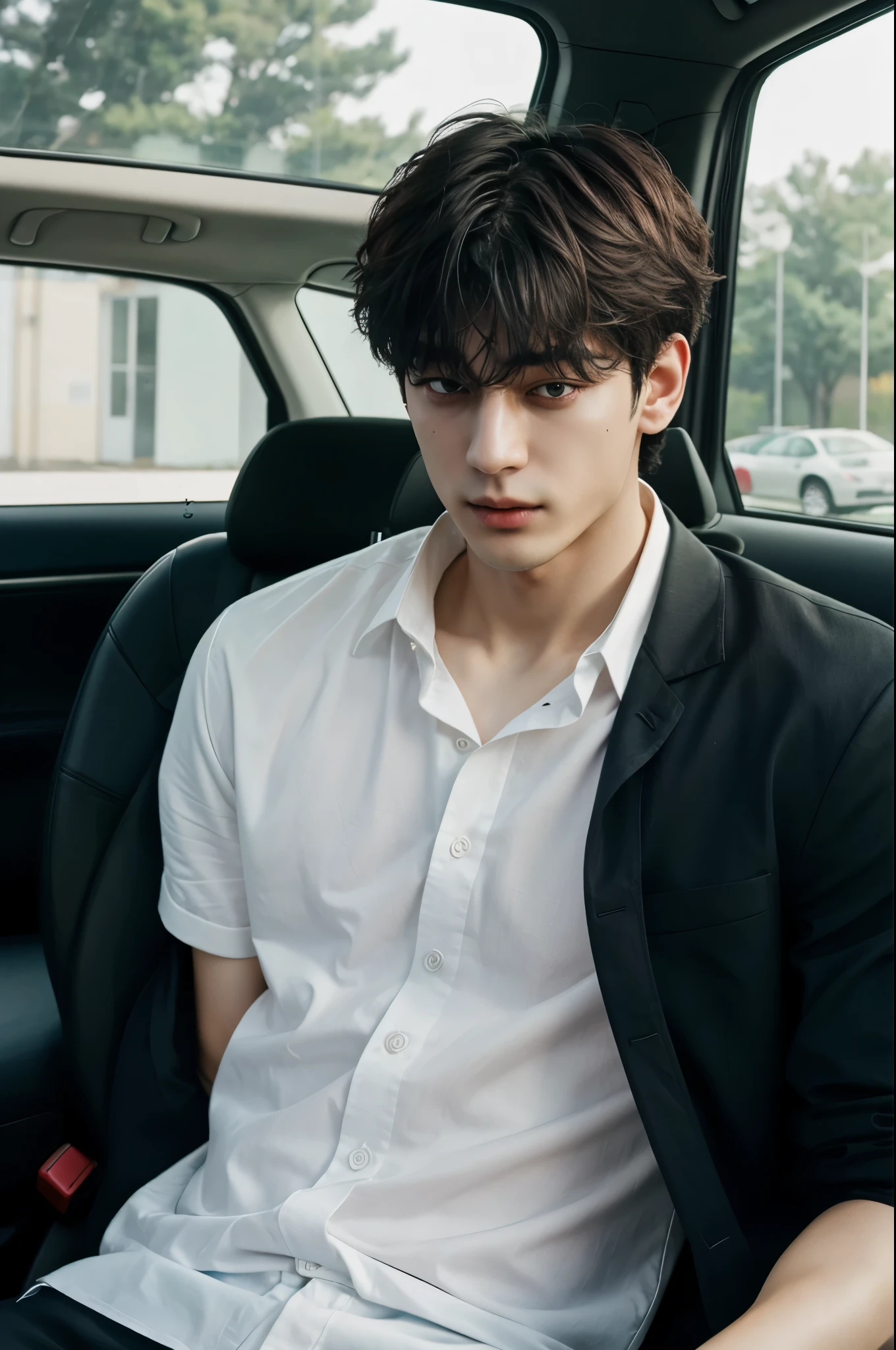 a close up of a person sitting in a car with a white shirt, jungkook, hyung tae, very attractive and beautiful, taehyung eating gucci fries, cai xukun, handsome and attractive, attractive and good looking, cant believe it is real, black haired yoongi, official photos, young wan angel, he is about 2 0 years old, he is about 20 years old