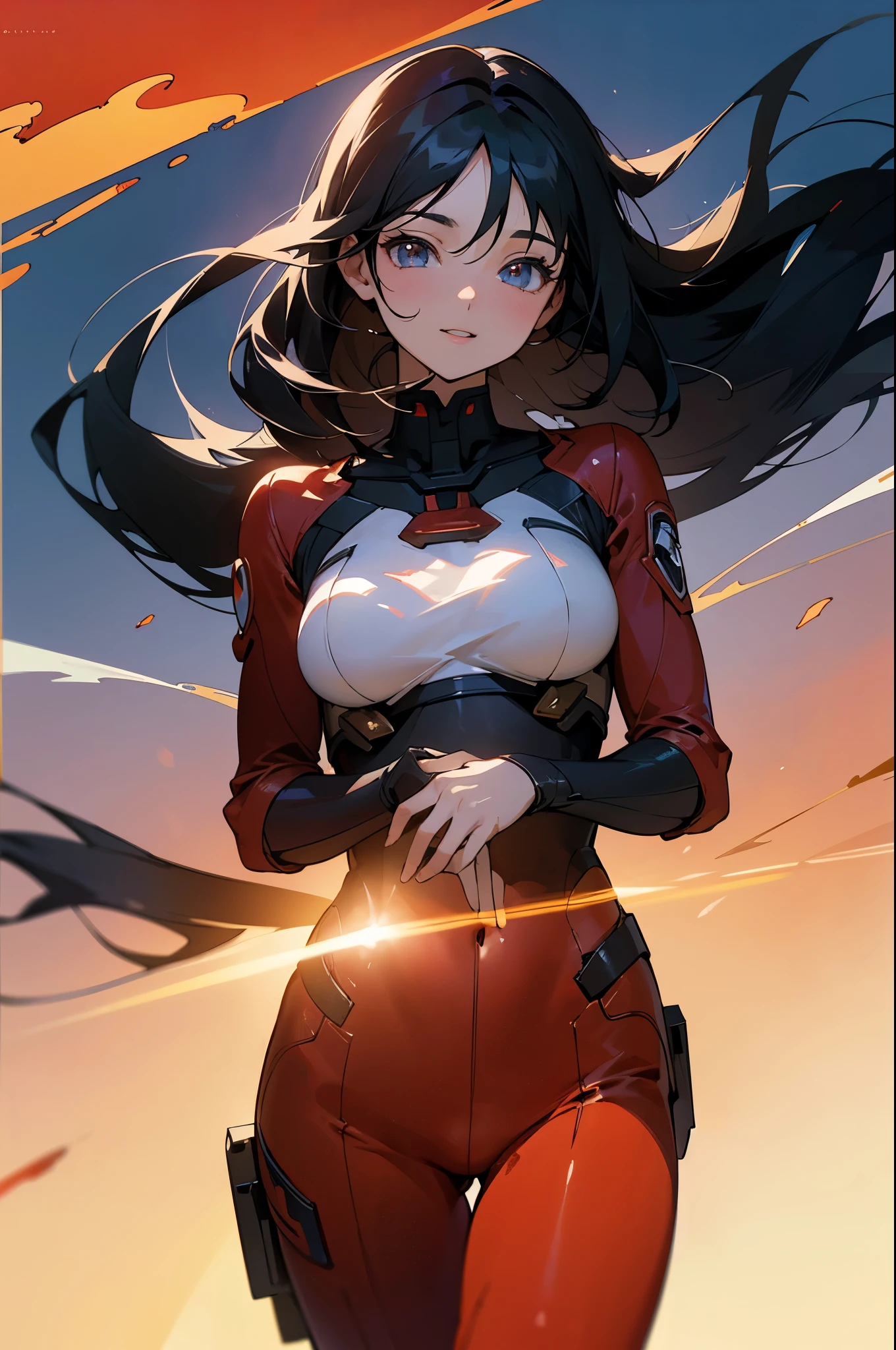 black hair、bundle of hair、long eyelashes、slanted eyes、black hair、bangs、hair behind ear、long hair、parted lips、smile、surrealism、drop shadow、anaglyph、stereogram、 Standing picture, perspective, atmospheric perspective, high detail, anime, luminism, hyper realism, animeスタイル, Depth of the bounds written, reflected light, 8k, super detail, ccurate, highest quality, UHD, retina, masterpiece, anatomically correct, skin texture, super detail, high detail, Awards, High resolution, 8k,red pilot suit,red pants,gundam,Aina,breast enhancement,animeタッチ,hand drawn,classic,watercolor painting,soft focus、Bust not too big、