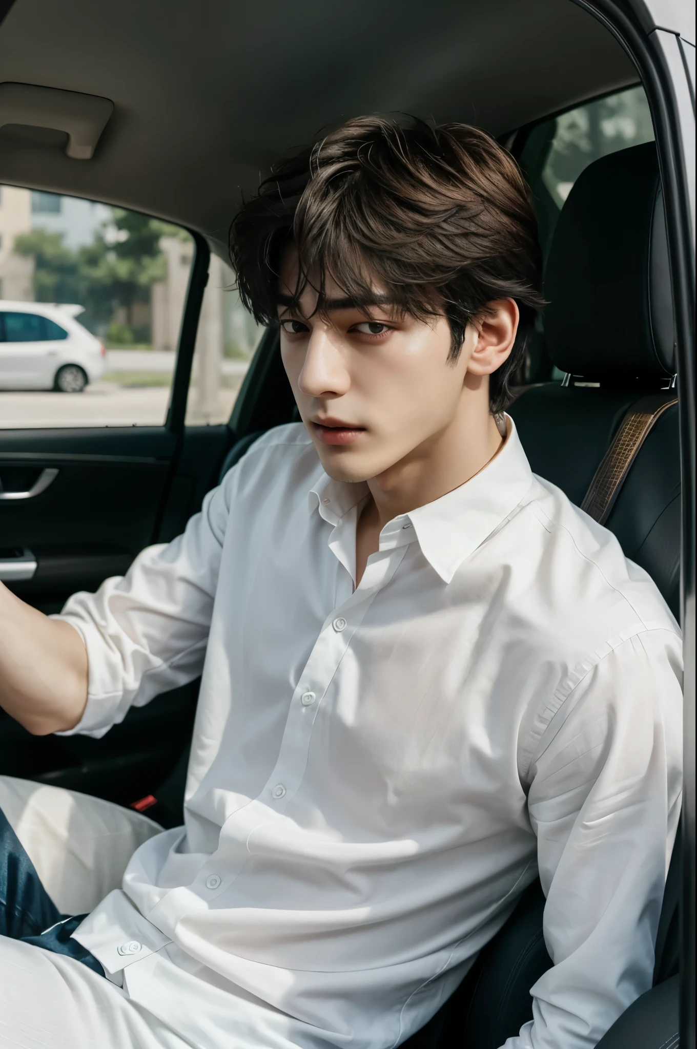 a close up of a person sitting in a car with a white shirt, jungkook, hyung tae, very attractive and beautiful, taehyung eating gucci fries, cai xukun, handsome and attractive, attractive and good looking, cant believe it is real, black haired yoongi, official photos, young wan angel, he is about 2 0 years old, he is about 20 years old