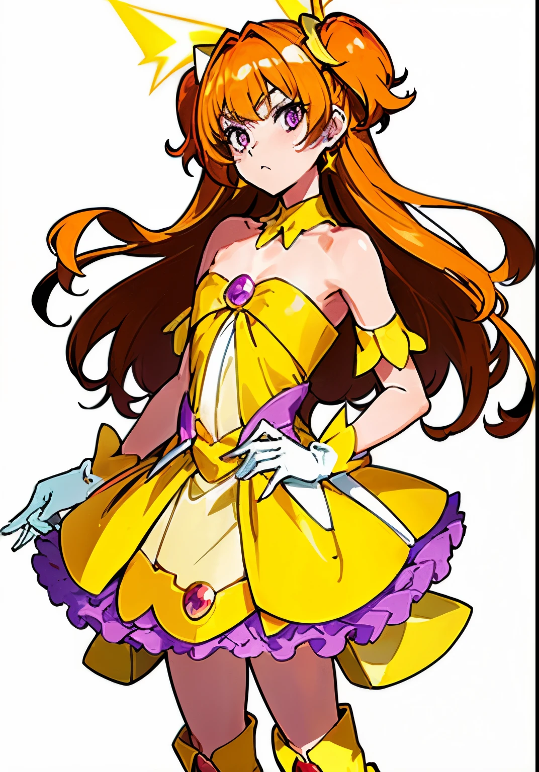 Cartoon image of a boy in an orange, yellow and purple dress、He has orange brown long two side up hair、A boy with orange hair with a long brown gradient、boy with purple eyes、official art、Sparkling Magical Boy、official artwork、prince of the galaxy、anime prince、Head office artwork、sexy atmosphere、Symphogear flavor、cool anime boy、fan art、tall boy、a boy is standing、muscular man、Beautiful、Orange and yellow and purple costumes、Jewelry brooch、strapless dress、layerd yellowfrill purple miniskirt、dress up darling anime、Separated collar、bare shoulders、light yellow gloves、light yellow knee high boots、promotional art、Full body close-up、looking at viewer、Anime Bishonen、cowboy shot、male focus、solo、