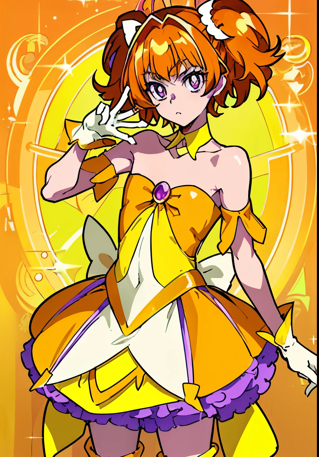 Cartoon image of a boy in an orange, yellow and purple dress、He has orange brown long two side up hair、A boy with orange hair with a long brown gradient、boy with purple eyes、official art、Sparkling Magical Boy、official artwork、prince of the galaxy、anime prince、Head office artwork、sexy atmosphere、Symphogear flavor、cool anime boy、fan art、tall boy、a boy is standing、muscular man、Beautiful、Orange and yellow and purple costumes、Jewelry brooch、strapless dress、layerd yellowfrill purple miniskirt、dress up darling anime、Separated collar、bare shoulders、light yellow gloves、light yellow knee high boots、promotional art、Full body close-up、looking at viewer、Anime Bishonen、cowboy shot、male focus、solo、
