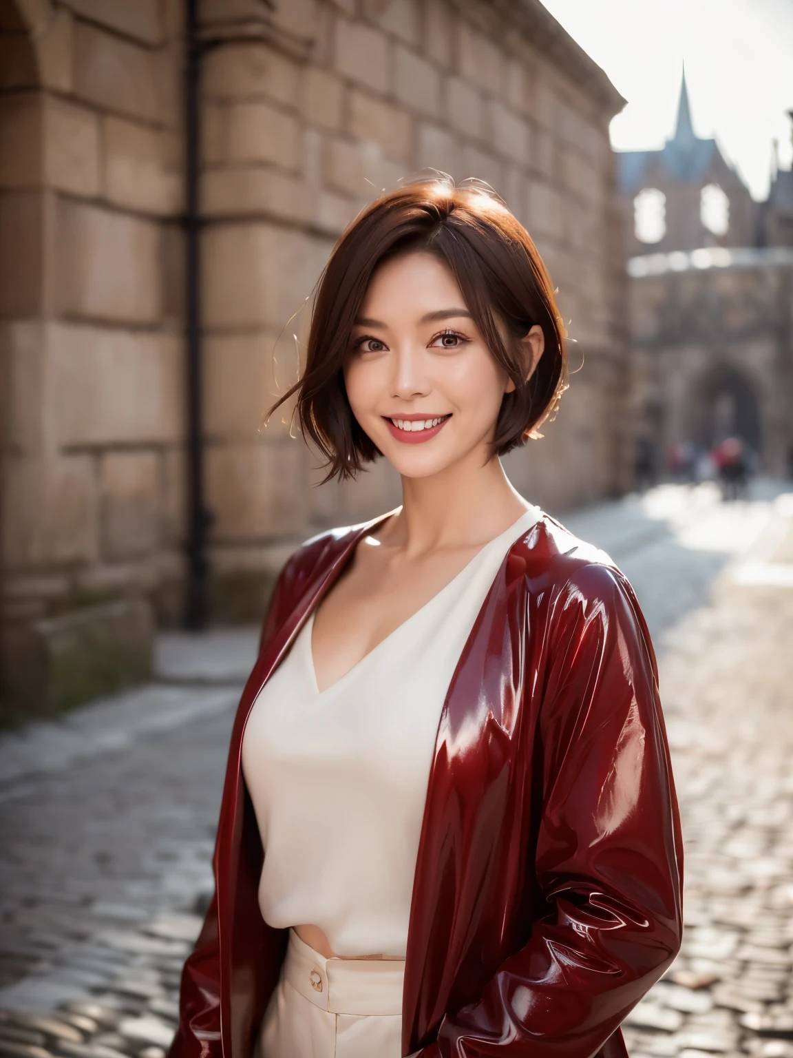 (38 years old), (black wool jacket),(white wool pants)、(white ruffle blouse), double eyelid, eyelash, Red lip gloss, (smile)、 (looking at the viewer、Are standing), (From above:0.2)、尖ったred mouth、(black wet shiny short hair),red mouth,clavicle、 (Photoreal:1.3),(RAW photo),(Cologne, Germany, A woman standing in front of the old city walls, cobblestone street, high castle walls, And the gates of the city came into view, illuminated by the setting sun,) , 8k, Super detailed, highest quality, rough skin, anatomically correct, masterpiece , highest quality, cinematic lighting, Use perspective throughout , surrealism , ,(realistic:1. 3),(RAW photo) , black hair, light smile, short hair, bob cut, anaglyph, stereogram, (mature woman:1), (38 years old), ((close:0.5)), glare, double eyelids, lip gloss, (smile:1), ((close your eyes:0.85)), red mouth, clavicle, ((looking at the viewer)), (short hair of reddish-brown color wet and shiny,), (I can see the whole body) , Slightly thick body type , wide eyed , perfectly round eyes , fine texture
