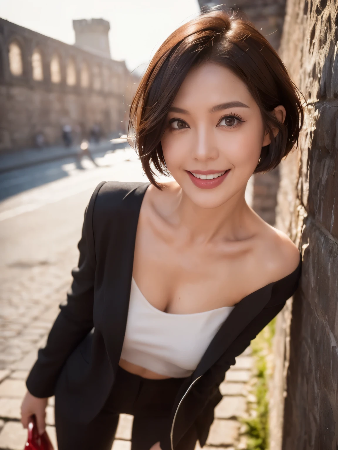 (38 years old), (black wool jacket),(white wool pants)、(white ruffle blouse), double eyelid, eyelash, Red lip gloss, (smile)、 (looking at the viewer、Are standing), (From above:0.2)、尖ったred mouth、(black wet shiny short hair),red mouth,clavicle、 (Photoreal:1.3),(RAW photo),(Cologne, Germany, A woman standing in front of the old city walls, cobblestone street, high castle walls, And the gates of the city came into view, illuminated by the setting sun,) , 8k, Super detailed, highest quality, rough skin, anatomically correct, masterpiece , highest quality, cinematic lighting, Use perspective throughout , surrealism , ,(realistic:1. 3),(RAW photo) , black hair, light smile, short hair, bob cut, anaglyph, stereogram, (mature woman:1), (38 years old), ((close:0.5)), glare, double eyelids, lip gloss, (smile:1), ((close your eyes:0.85)), red mouth, clavicle, ((looking at the viewer)), (short hair of reddish-brown color wet and shiny,), (I can see the whole body) , Slightly thick body type , wide eyed , perfectly round eyes , fine texture